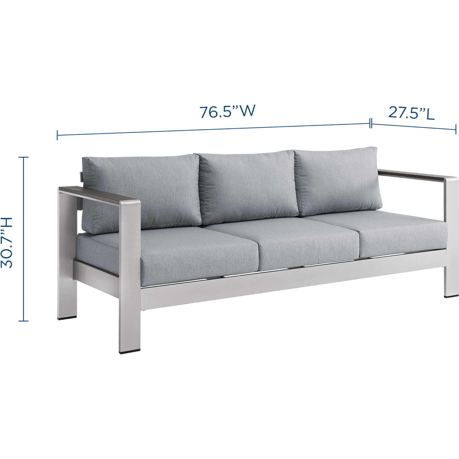 Low-profile aluminum frame and thick cushions create a spacious, lounge-height patio sofa || EEI-3917-SLV-GRY || dimension_studio