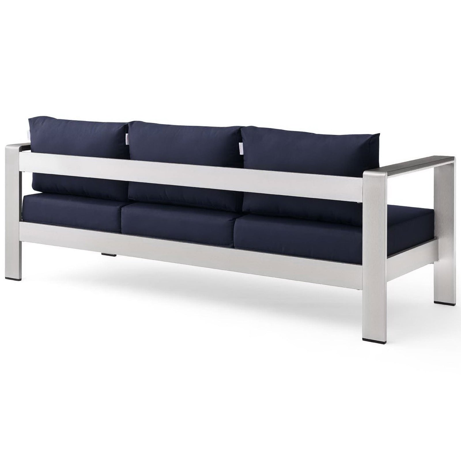 Continuous aluminum back rail supports three tailored navy back cushions for lasting outdoor style || EEI-3917-SLV-NAV || back_angle_studio