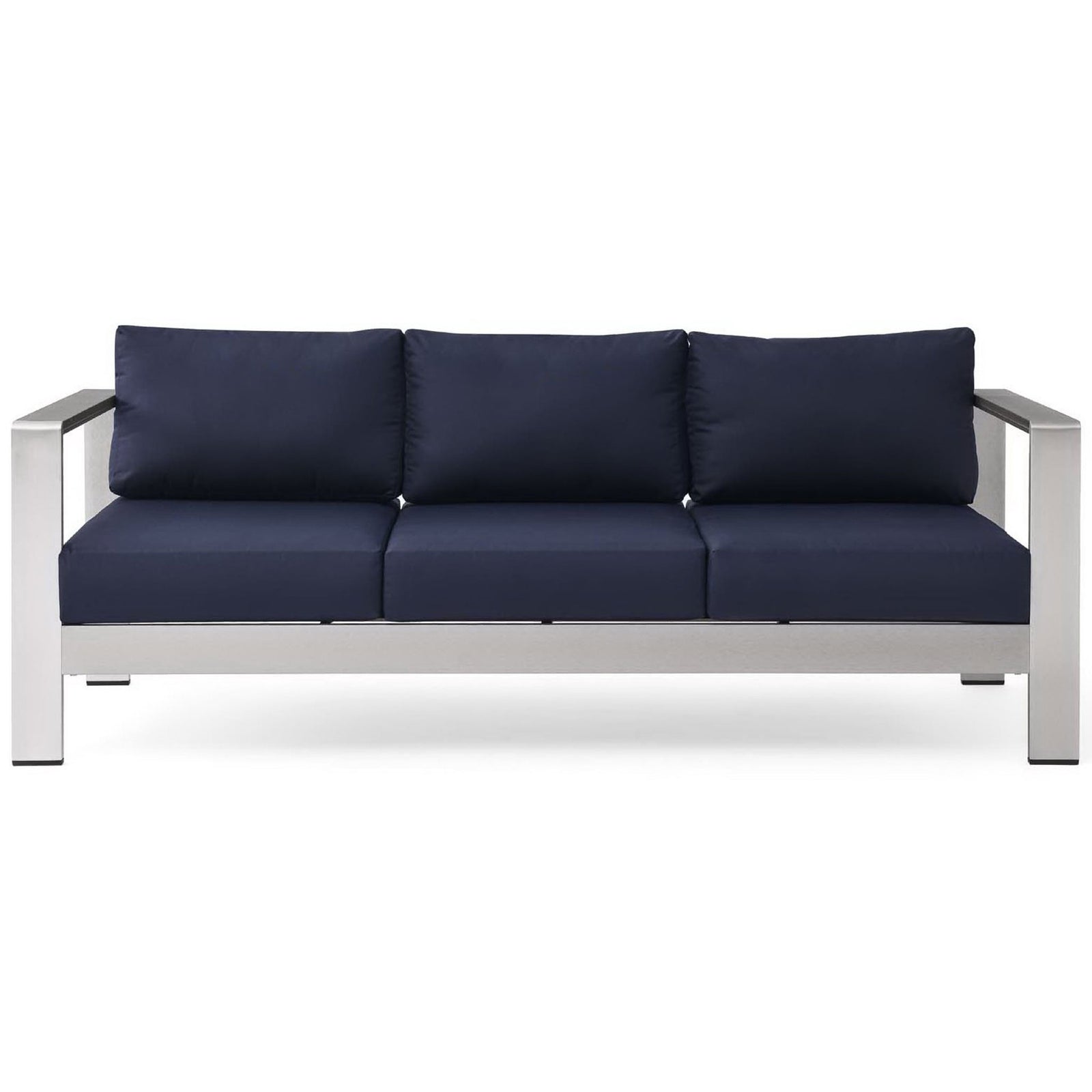 Sleek silver navy outdoor sofa with three plush cushions and a clean-lined aluminum frame || EEI-3917-SLV-NAV || front_studio