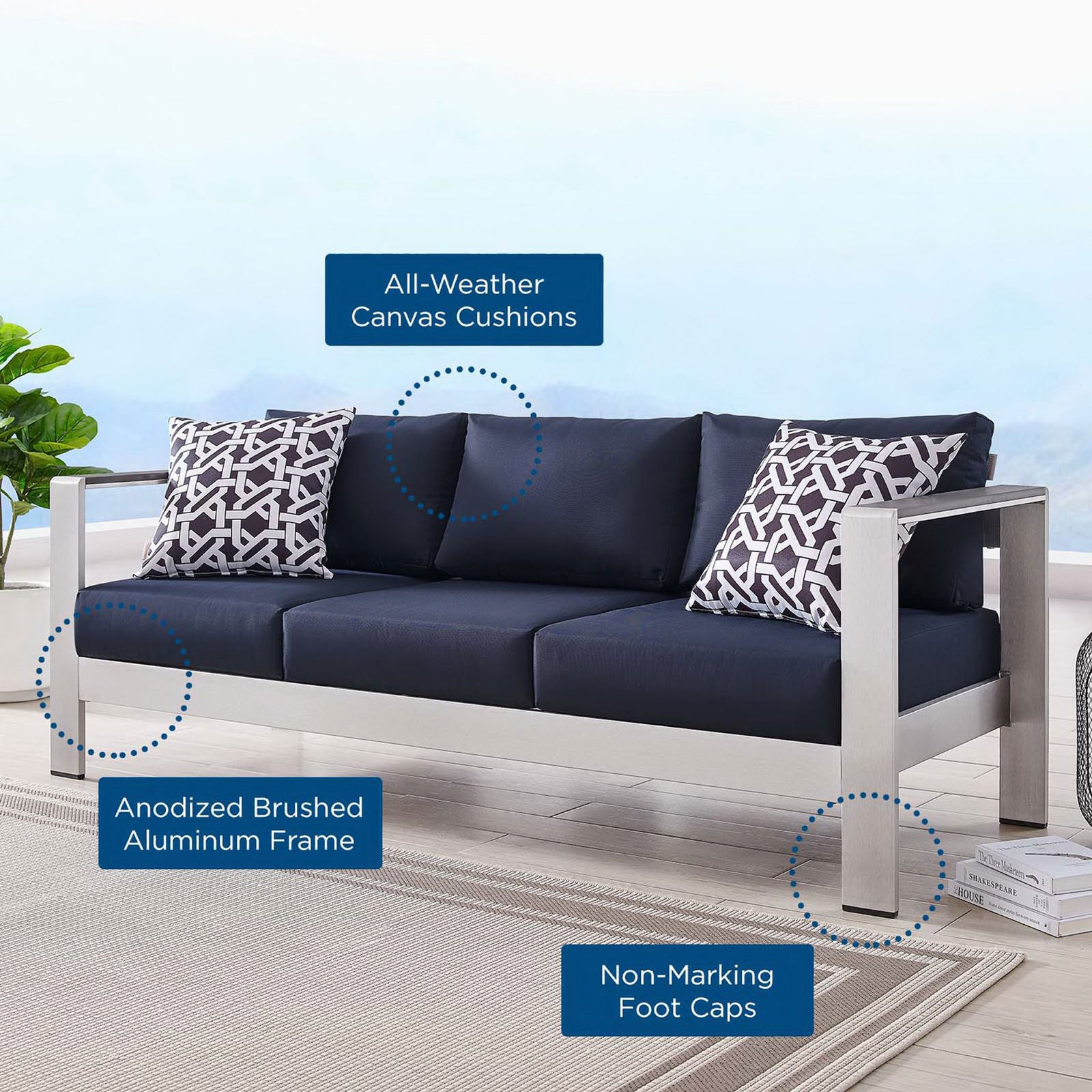 Outdoor sofa showcases all-weather canvas cushions, anodized frame, and non-marking foot caps || EEI-3917-SLV-NAV || callout_room