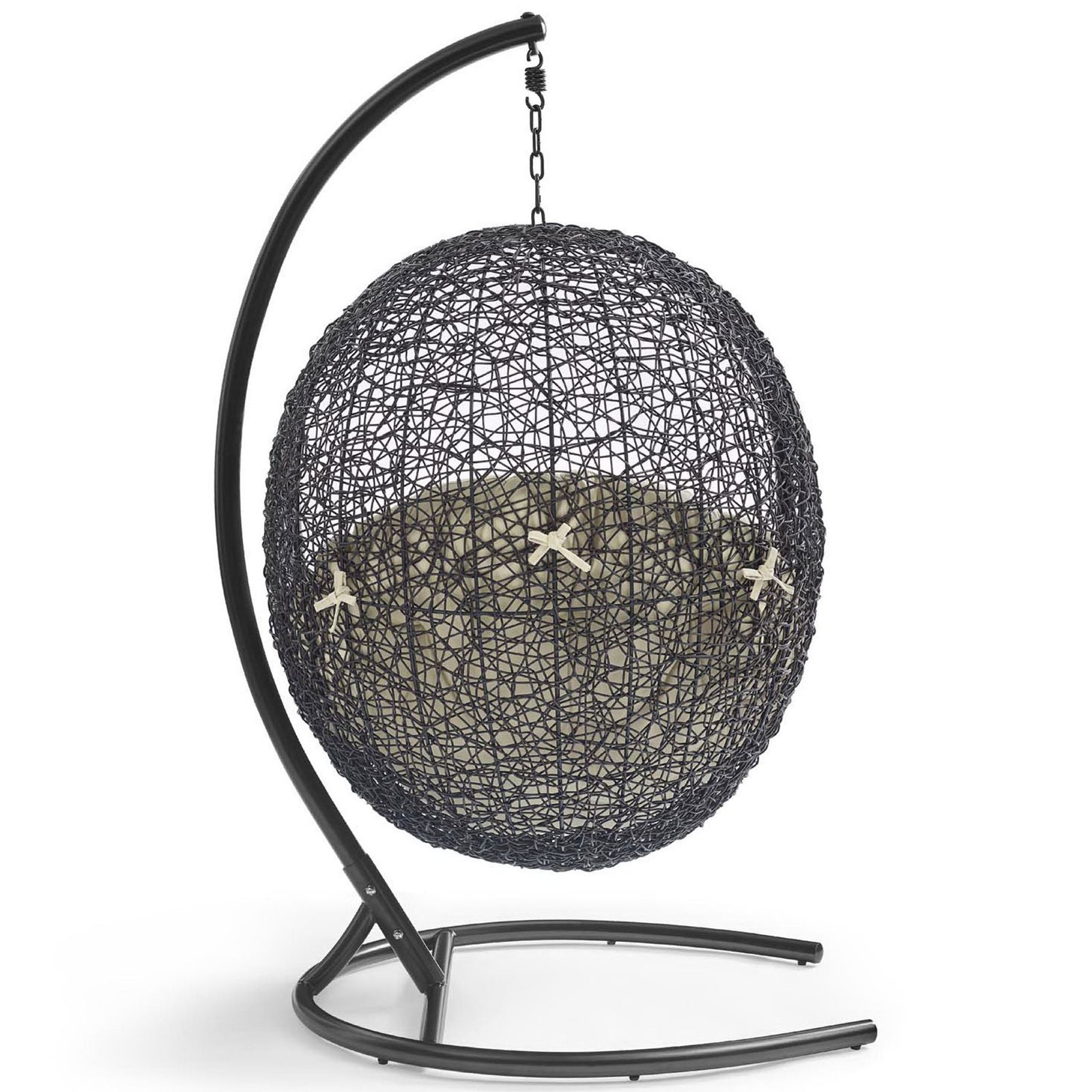 Rear view of woven egg chair highlighting airy espresso rattan shell and rounded hanging frame || EEI-3943-BLK-BEI || back_studio
