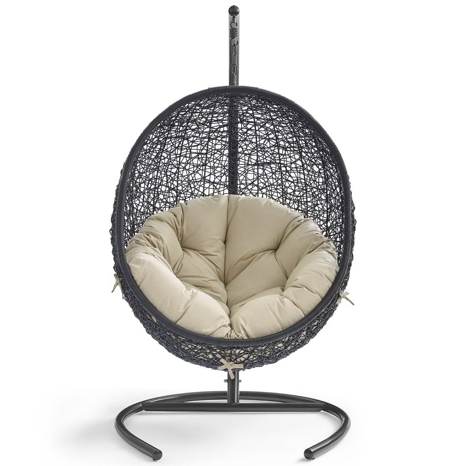 Cozy beige Sunbrella cushioned egg chair with espresso stand for relaxing outdoor lounging || EEI-3943-BLK-BEI || front_studio