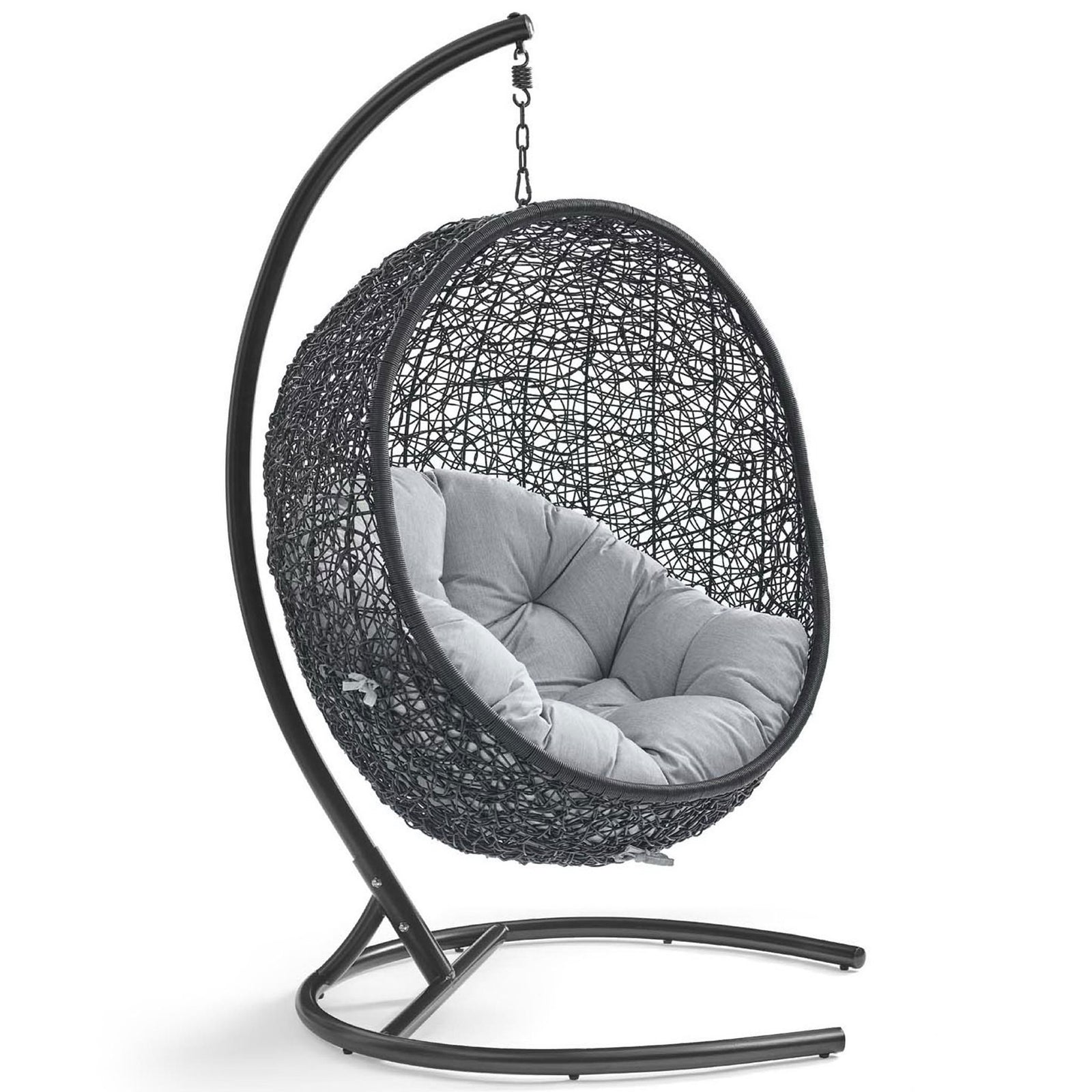 Curved wicker pod chair with plush gray cushion suspended from a sleek espresso steel stand || EEI-3943-BLK-GRY || front_angle_studio