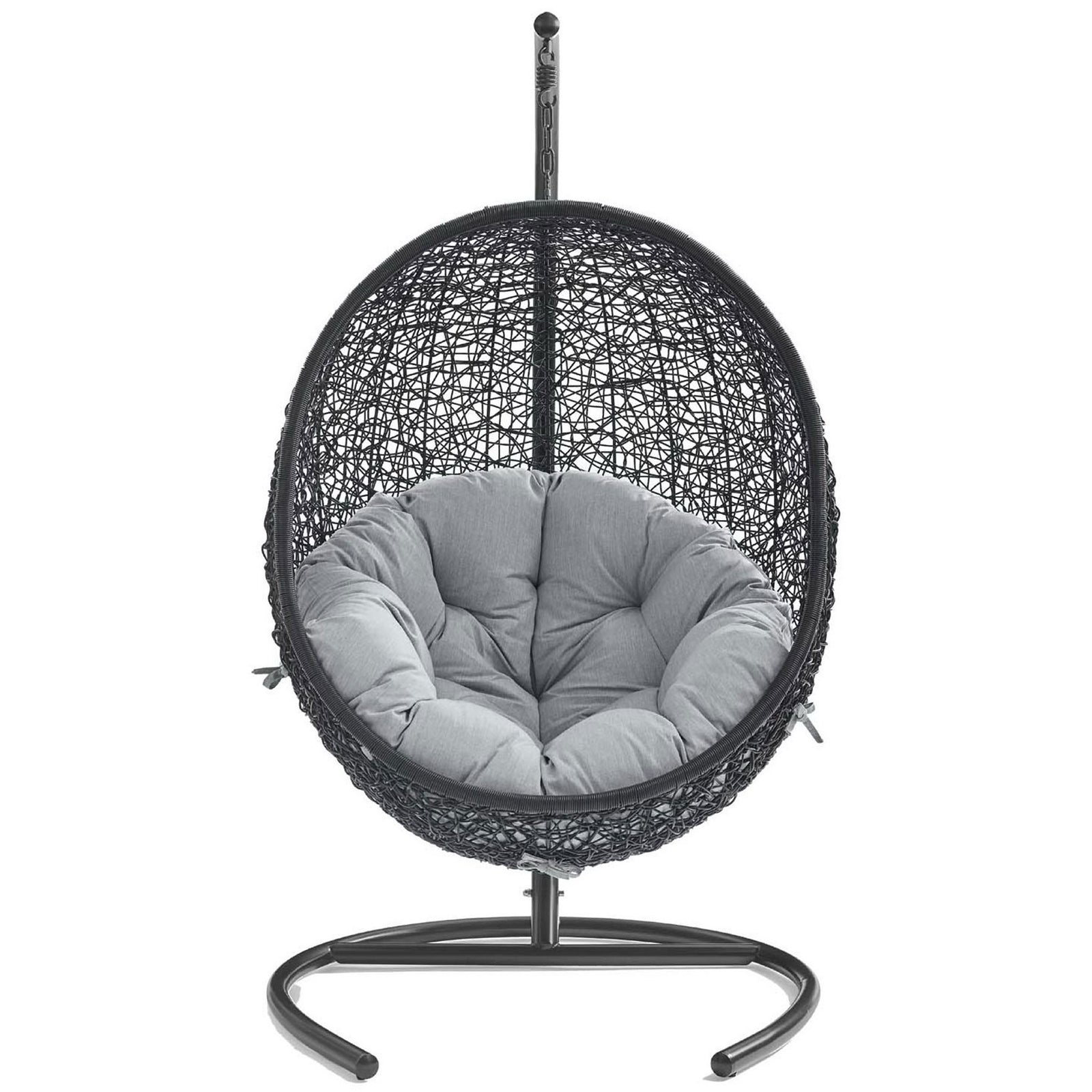 Modern hanging egg chair with gray Sunbrella cushion and espresso stand for outdoor relaxation || EEI-3943-BLK-GRY || front_studio