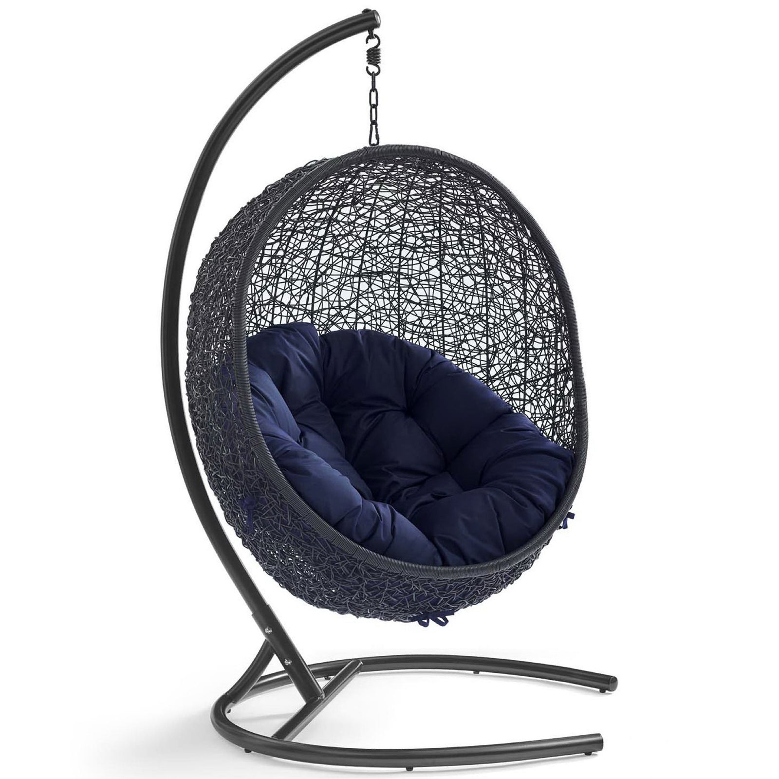 Curved rattan pod chair with deep navy cushion suspended from a sleek espresso steel frame || EEI-3943-BLK-NAV || front_angle_studio