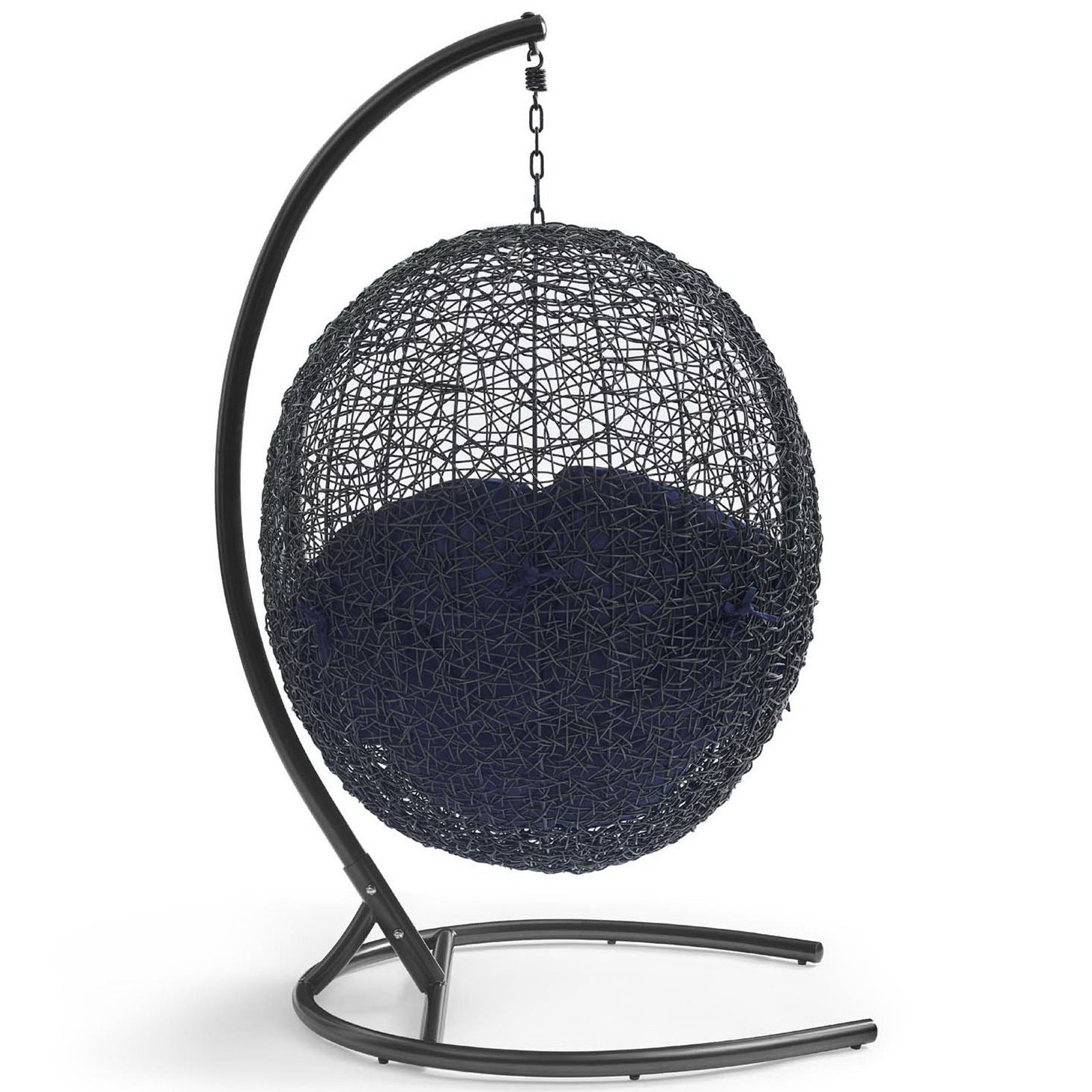 Back view of navy cushion egg chair with airy espresso rattan weave and stable U-shaped base || EEI-3943-BLK-NAV || back_studio
