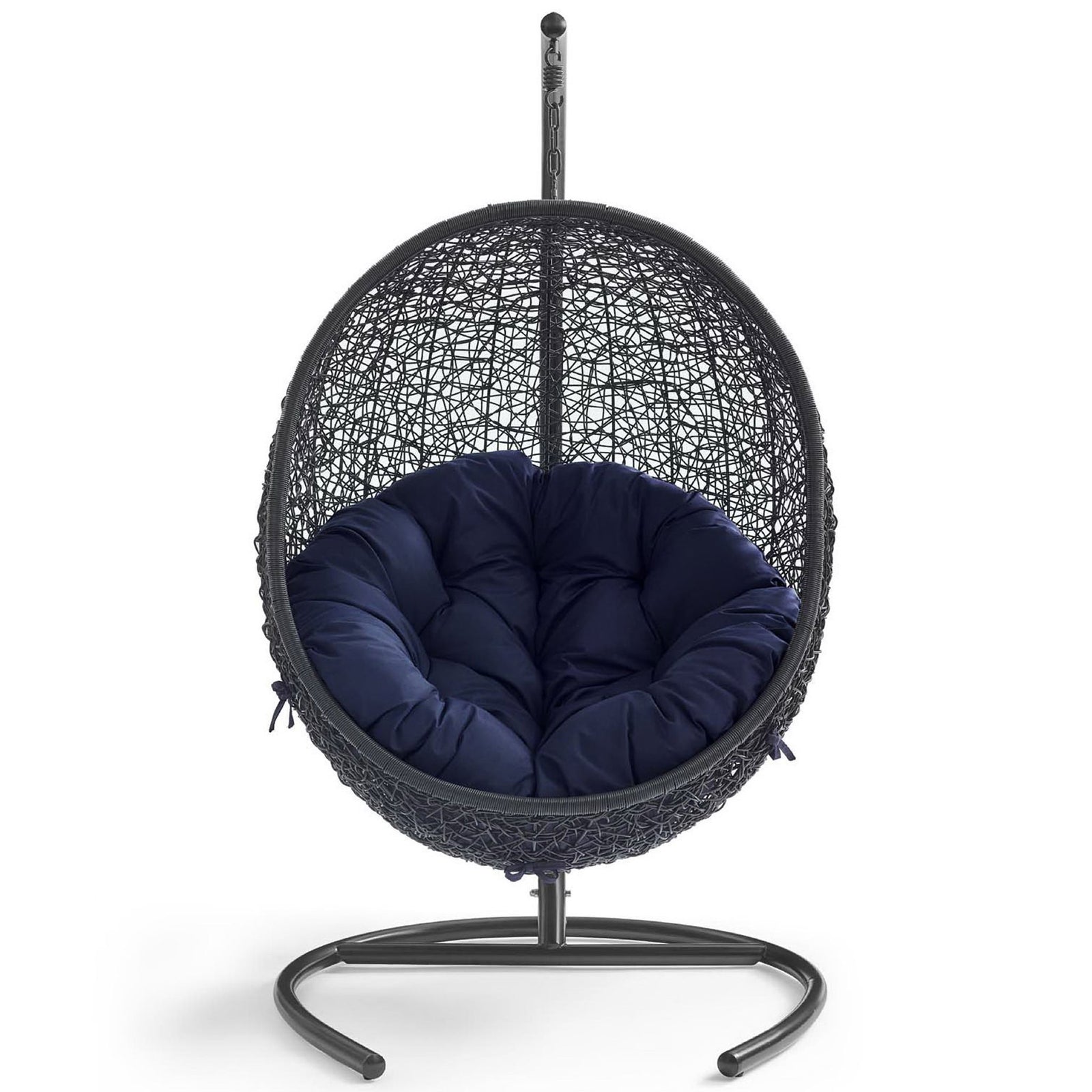 Contemporary hanging egg chair with navy Sunbrella cushion and espresso stand for outdoor lounging || EEI-3943-BLK-NAV || front_studio