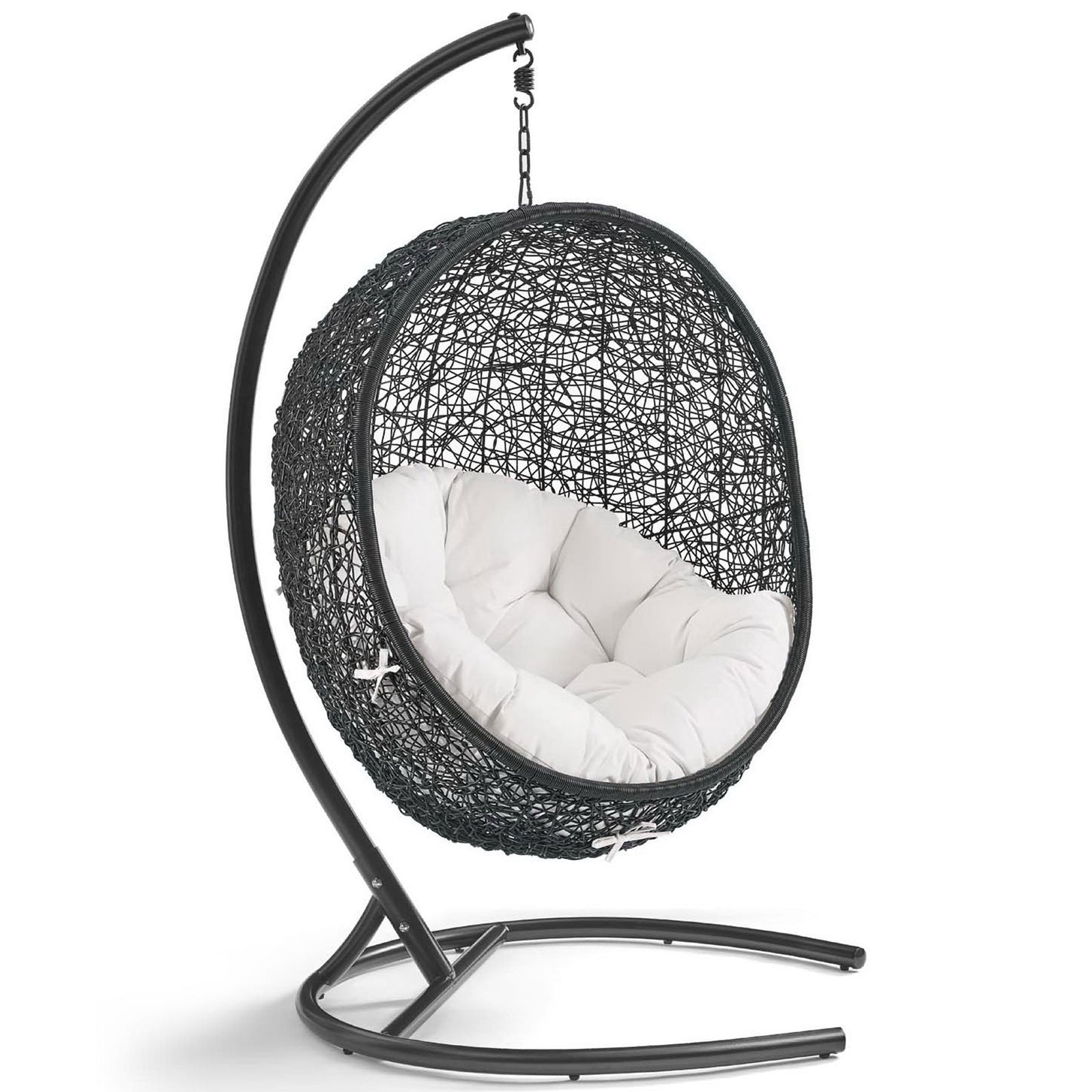 Curved rattan pod chair with plush white cushion suspended from a sleek espresso steel stand || EEI-3943-BLK-WHI || front_angle_studio