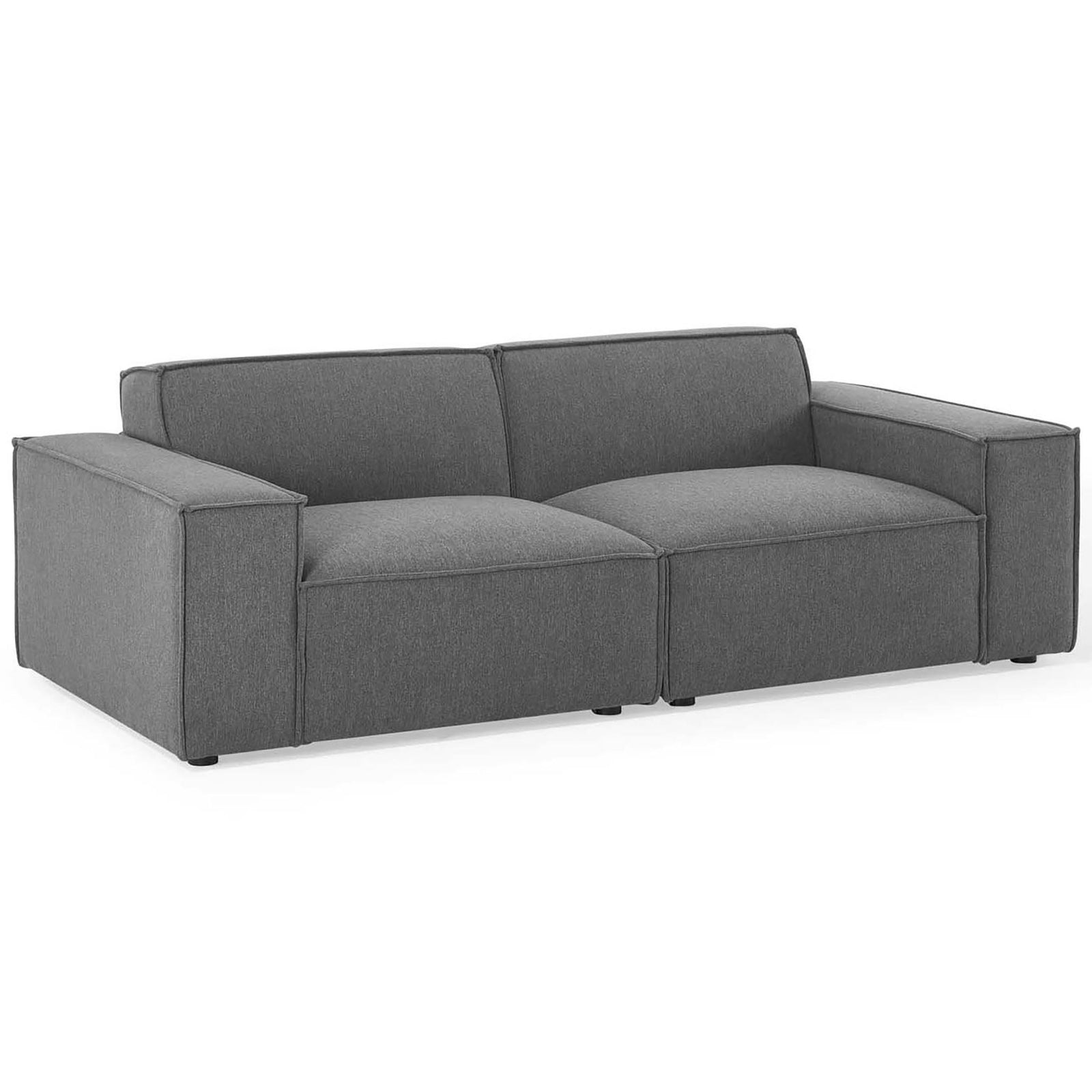 Low-profile charcoal gray sectional sofa with broad track arms and generously padded seat cushions || EEI-4111-CHA || front_angle_studio