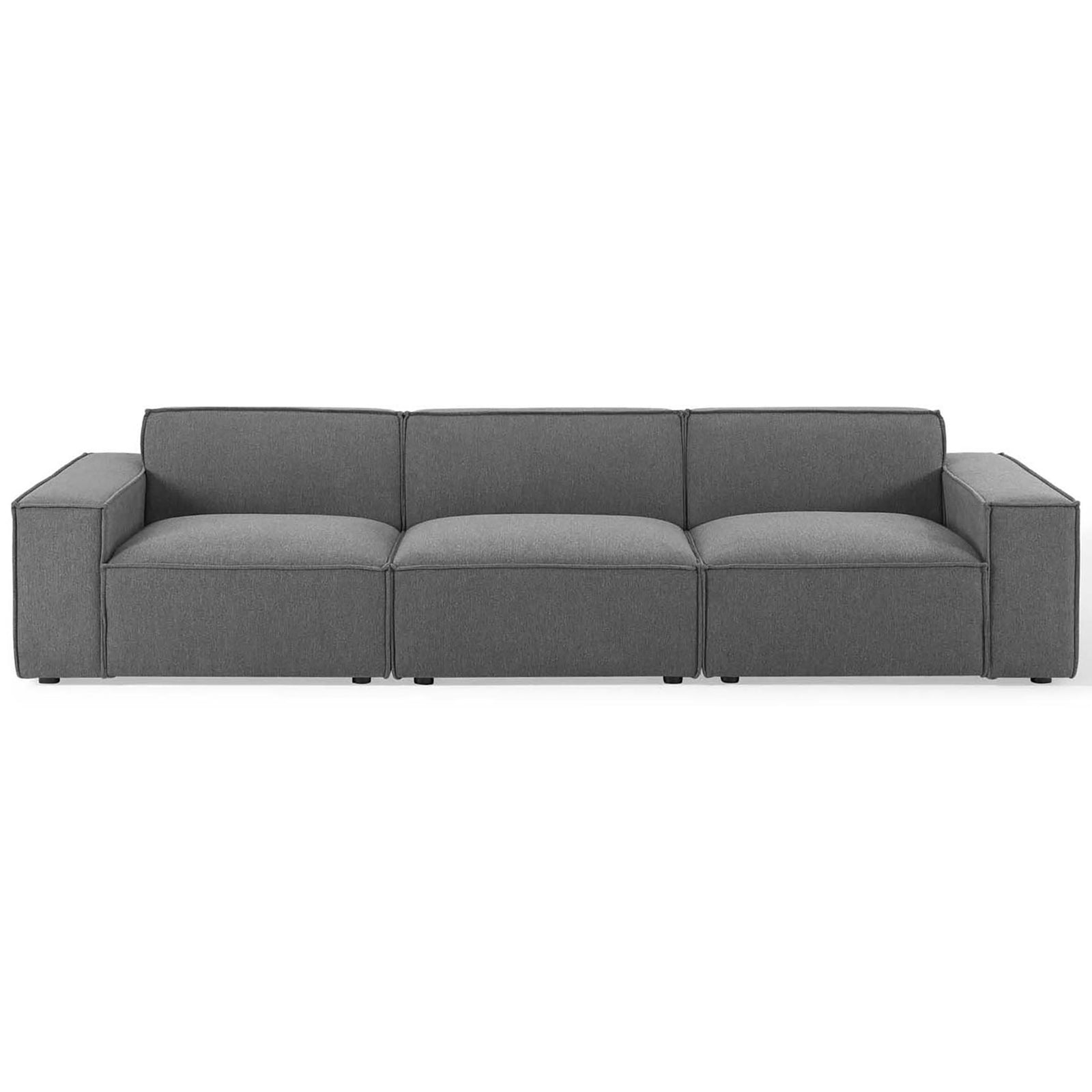 Modern charcoal fabric sectional sofa with clean lines, French piping, and generous three-seat design || EEI-4112-CHA || front_studio