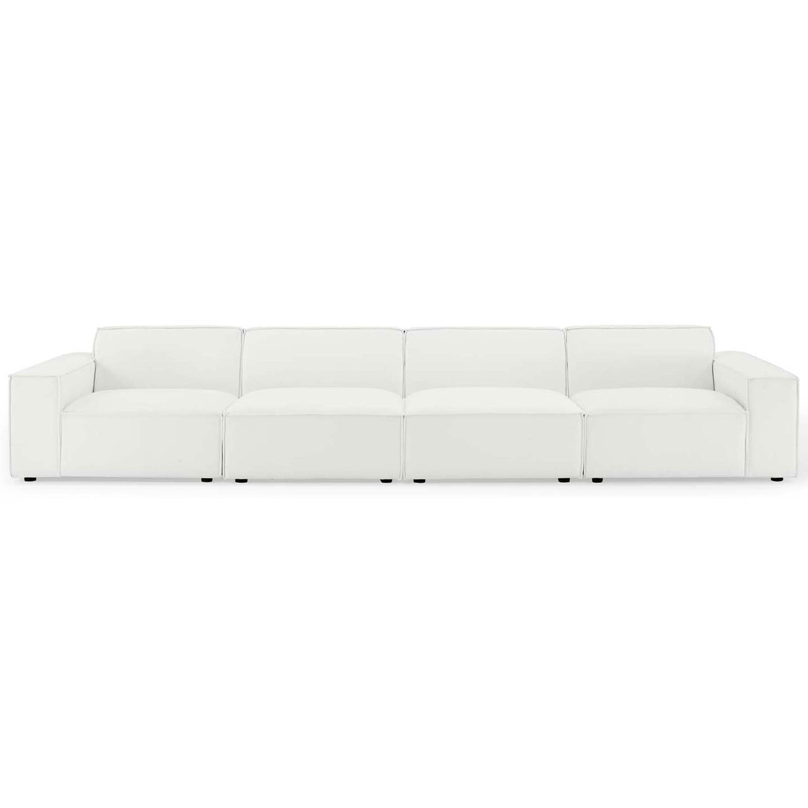 Extra-long white modular sectional sofa with low profile back and plush cushions for expansive seating. || EEI-4114-WHI || front_studio