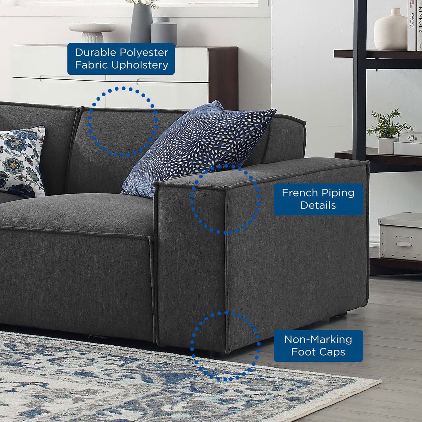 Charcoal sectional detail highlighting durable upholstery, French piping, and protective foot caps || EEI-4115-CHA || callout_room