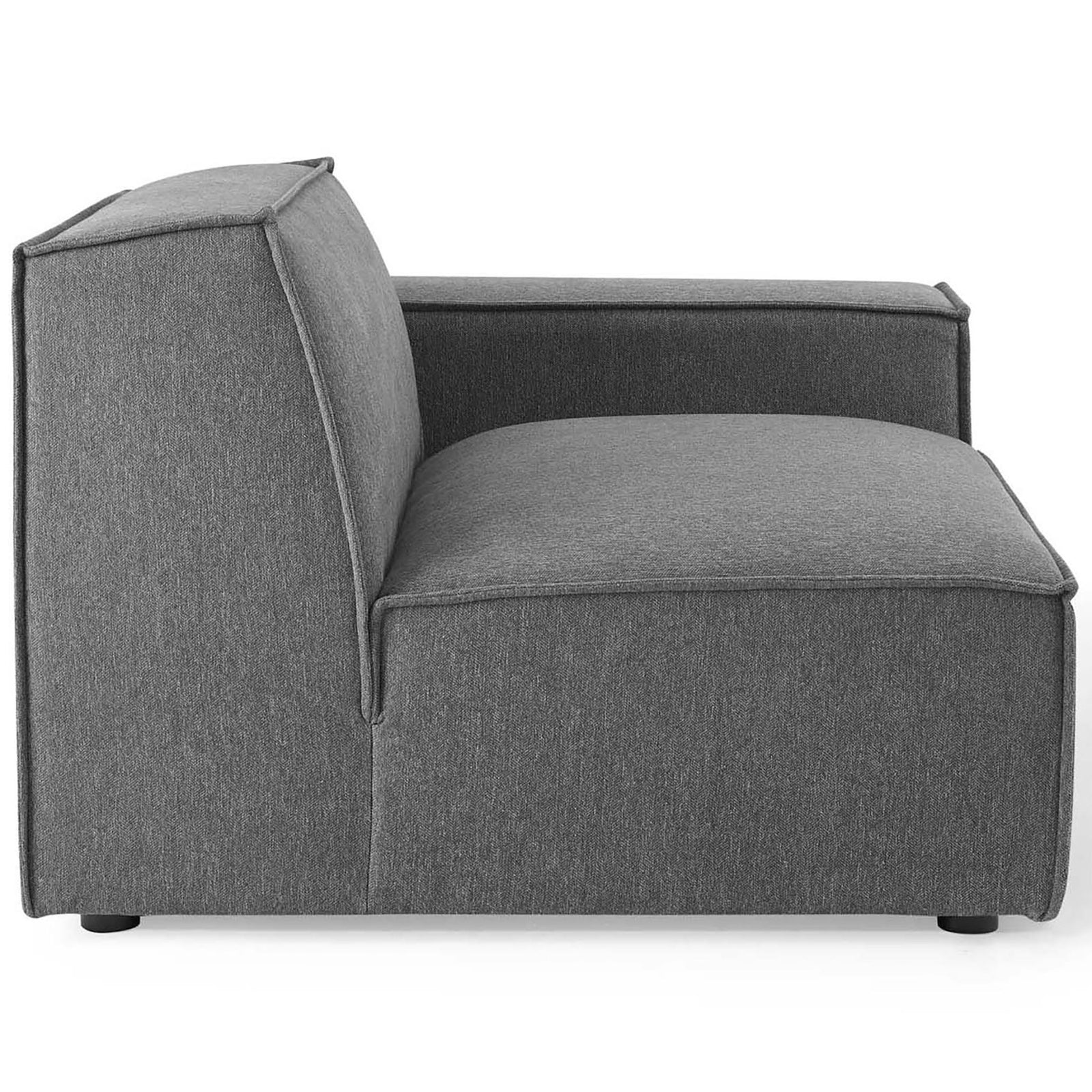 Modular corner seat displaying the long, supportive back cushion and deep, lounge-ready seat. || EEI-4116-CHA || side_partial_studio