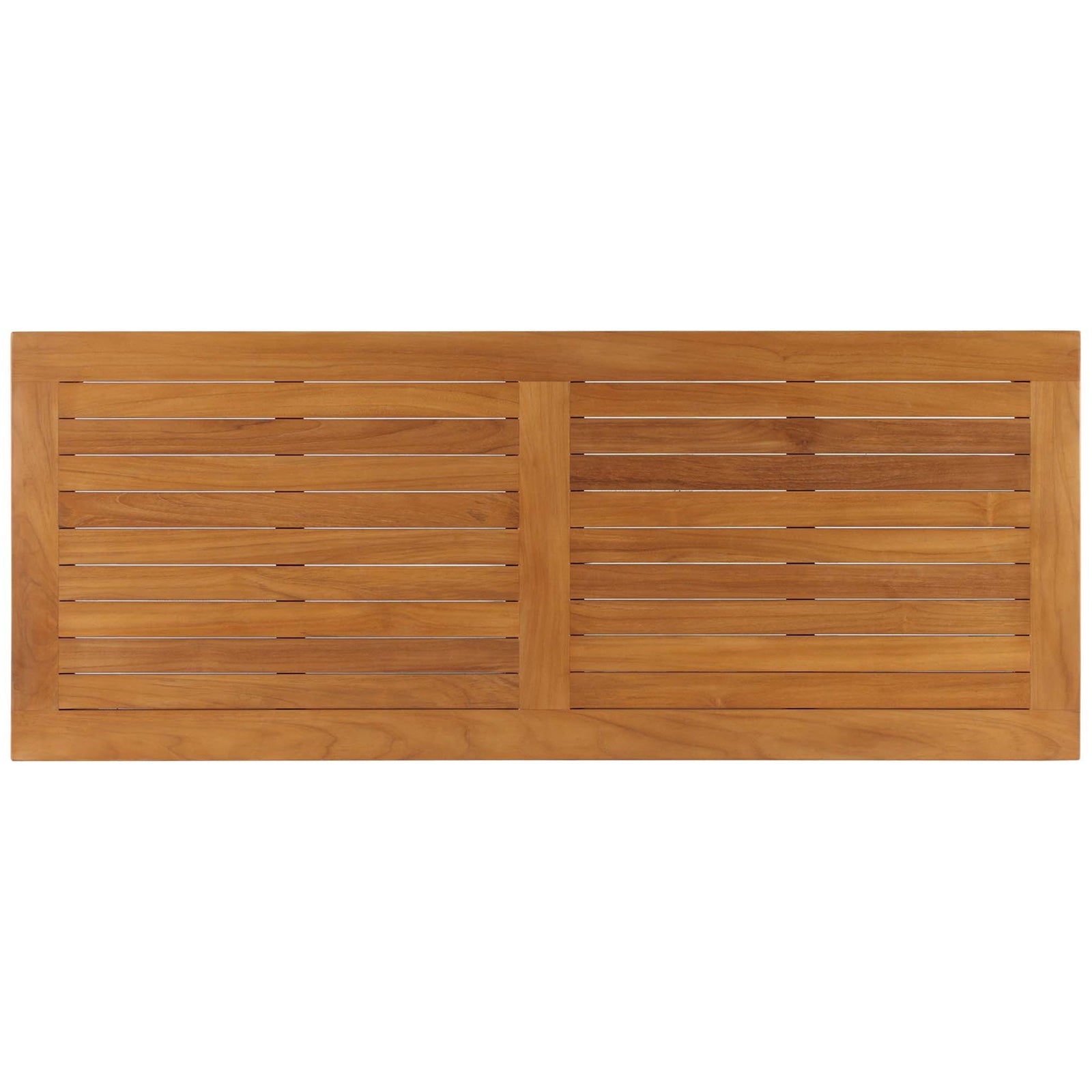 Wide slatted teak tabletop with dual-panel design that lets rain drain while showcasing natural wood character || EEI-4122-NAT || top_studio