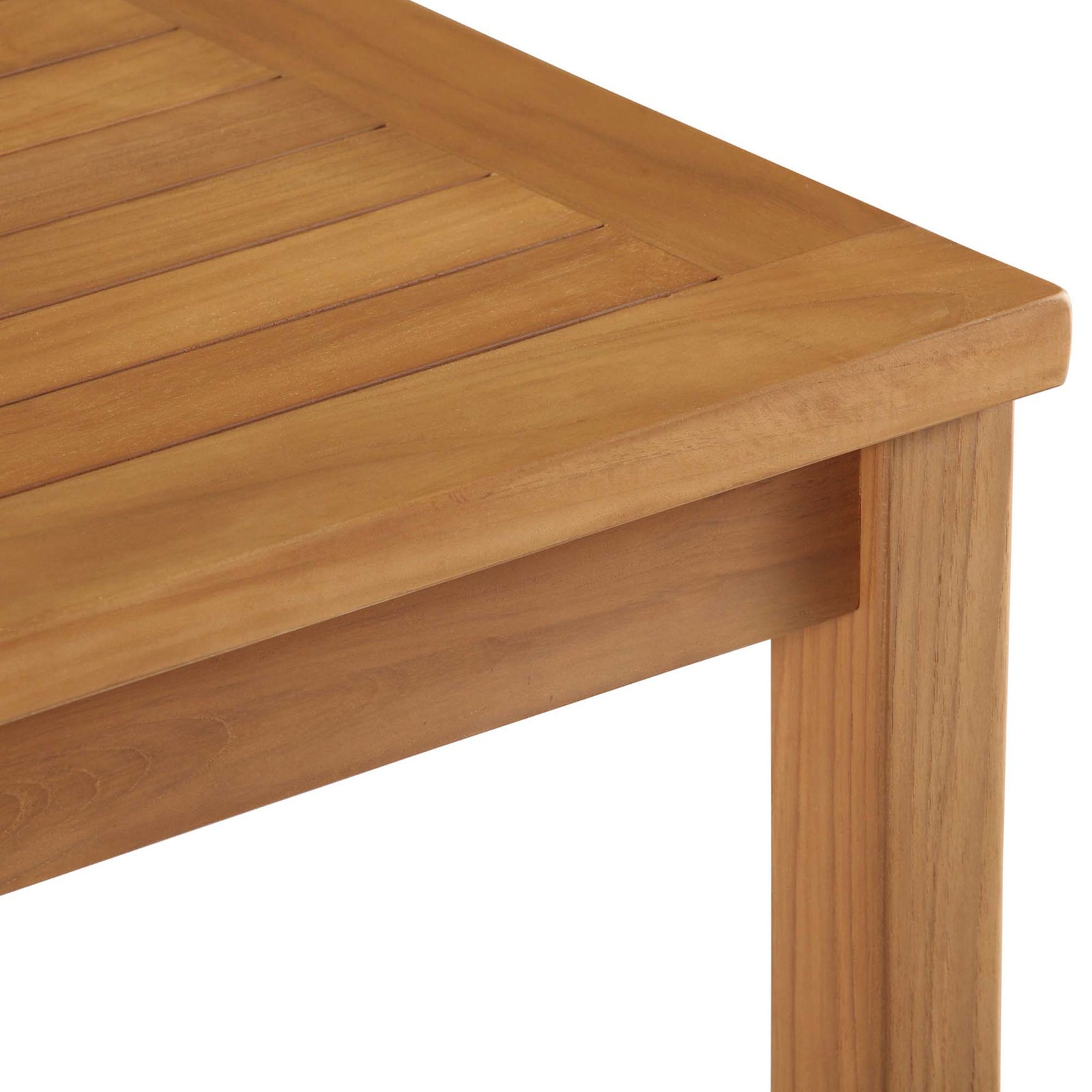 Smoothly finished teak corner highlights the sturdy leg joinery and softly rounded tabletop edge || EEI-4122-NAT || leg_studio