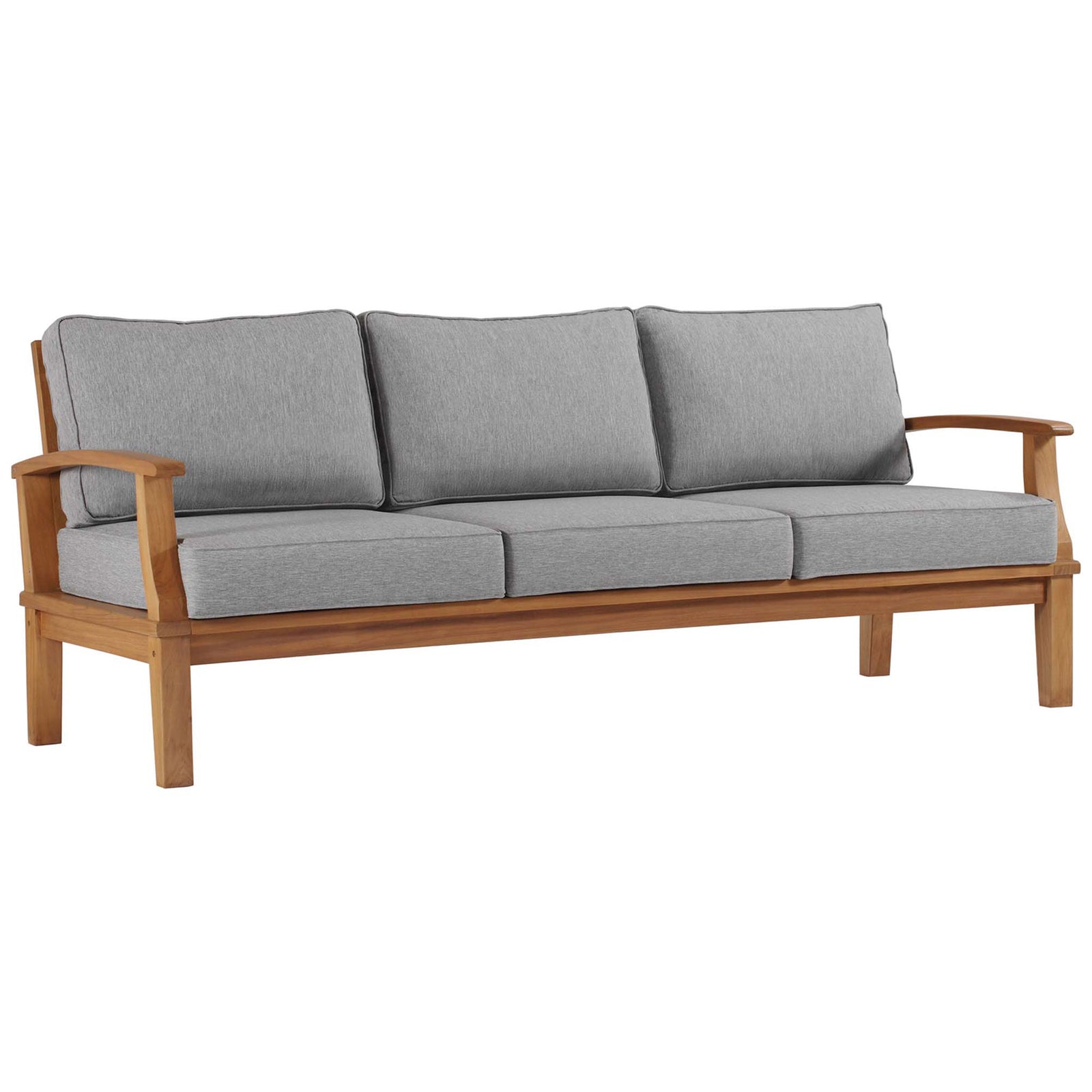 Spacious three-seat teak sofa with soft gray cushions and gently curved open arms || EEI-4176-NAT-GRY || front_angle_studio