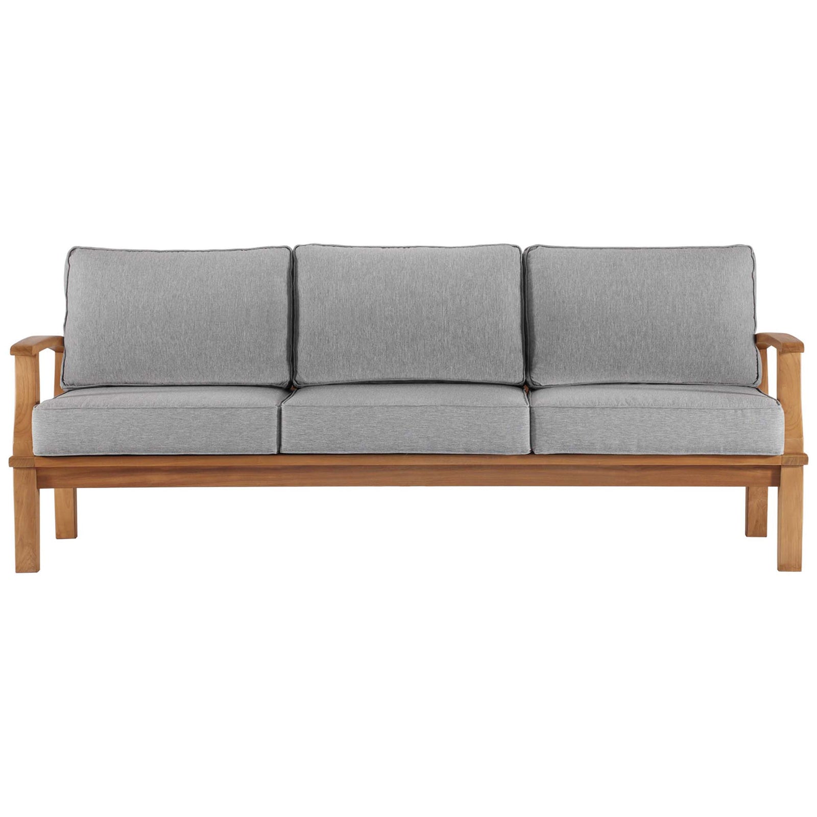 Teak patio sofa with natural wood frame and tailored gray cushions ready for outdoor lounging || EEI-4176-NAT-GRY || front_studio