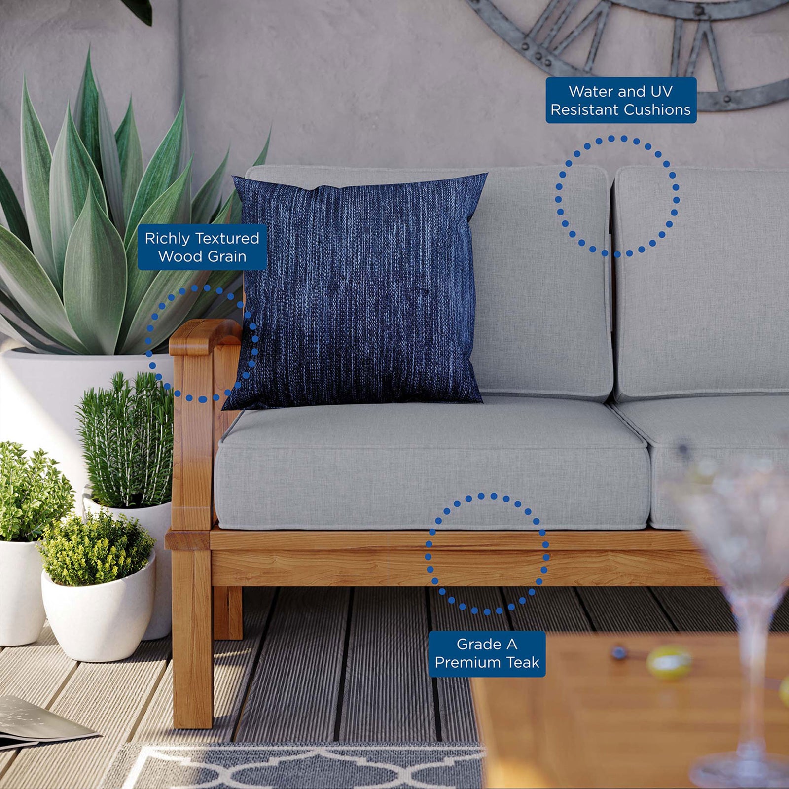 Teak patio sofa highlighting richly textured wood grain, Grade A premium teak, and water resistant gray cushions || EEI-4176-NAT-GRY || callout_room