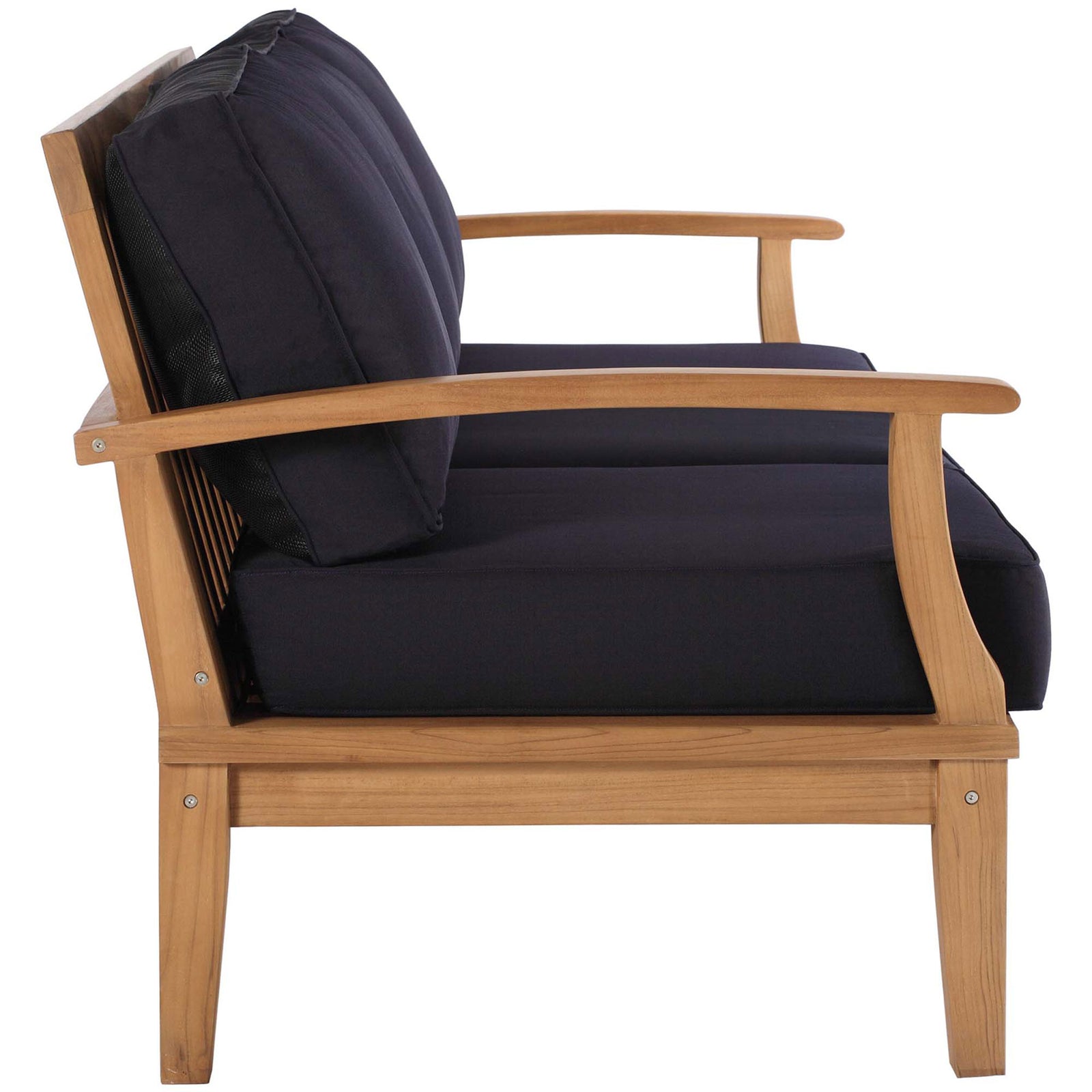 Slim teak frame and thick navy cushions create a clean, modern profile for this outdoor sofa || EEI-4176-NAT-NAV || side_studio