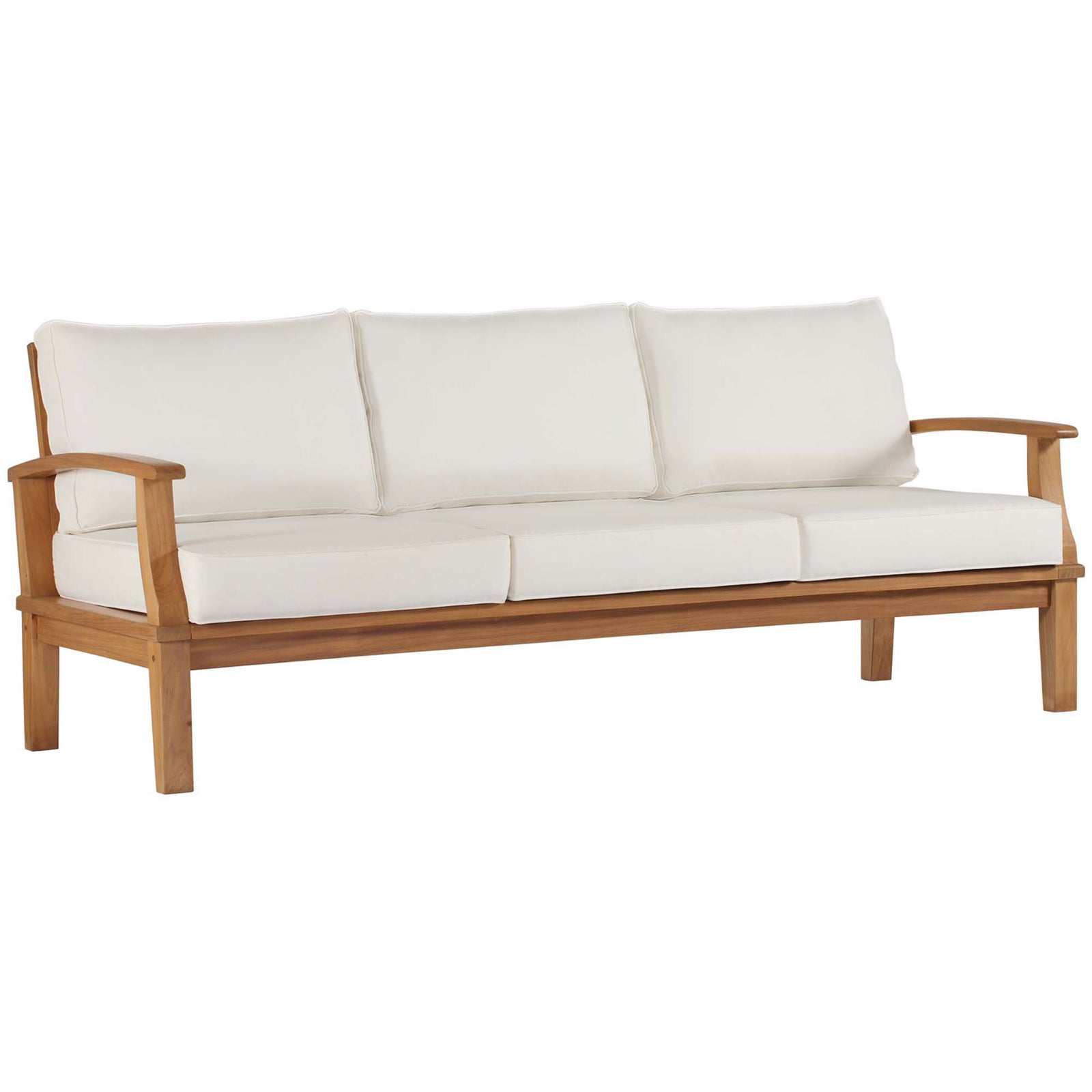 Spacious three-seat teak sofa with plush white cushions and gently curved open arms || EEI-4176-NAT-WHI || front_angle_studio