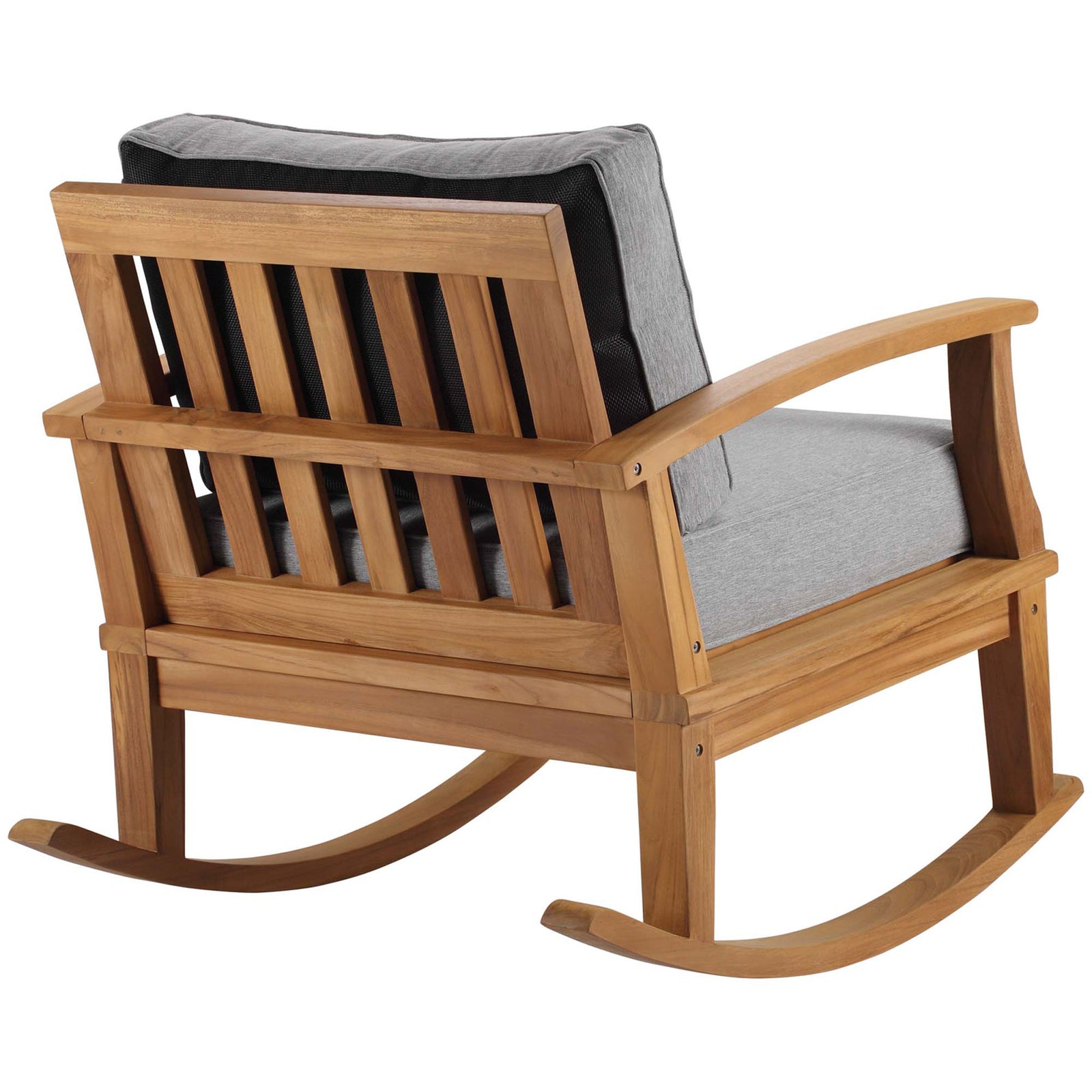 Teak outdoor rocking chair with slatted backrest and thick gray cushions for supportive, relaxed lounging || EEI-4177-NAT-GRY || back_angle_studio