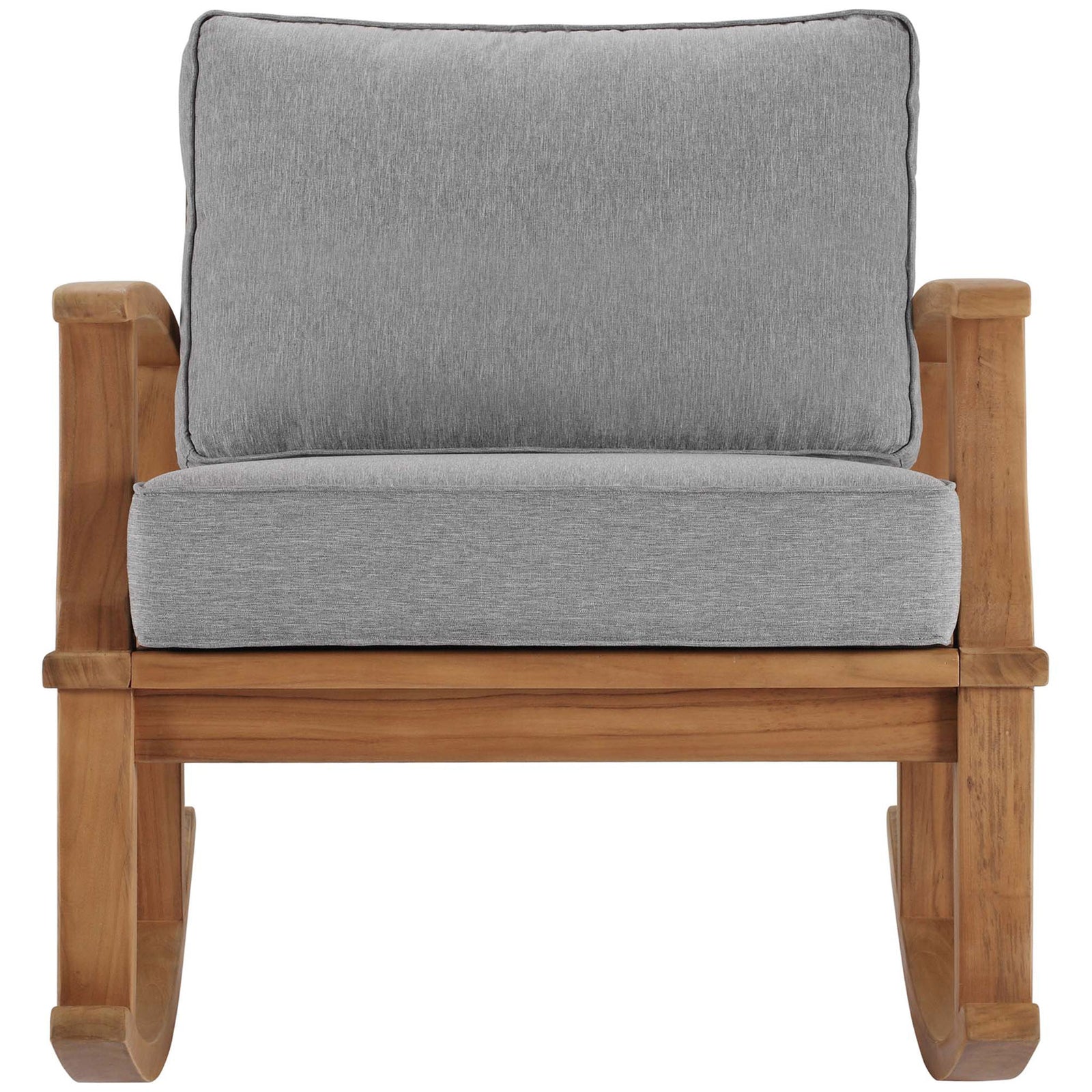 Marina teak patio rocking chair with generously cushioned gray seat and back for inviting outdoor comfort || EEI-4177-NAT-GRY || front_studio