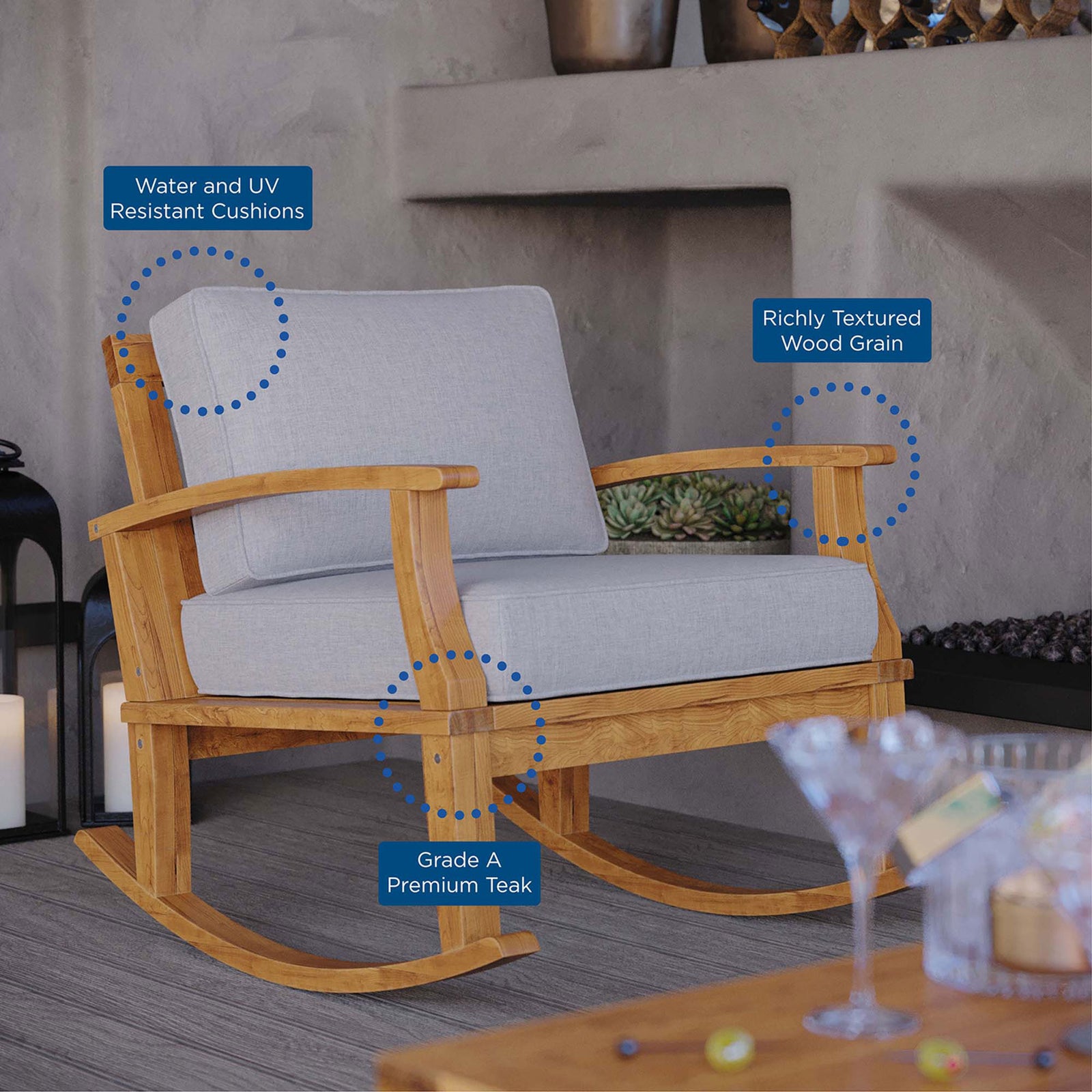 Lifestyle view of Marina teak rocker with gray cushions highlighting water resistant fabric and premium wood grain || EEI-4177-NAT-GRY || callout_room