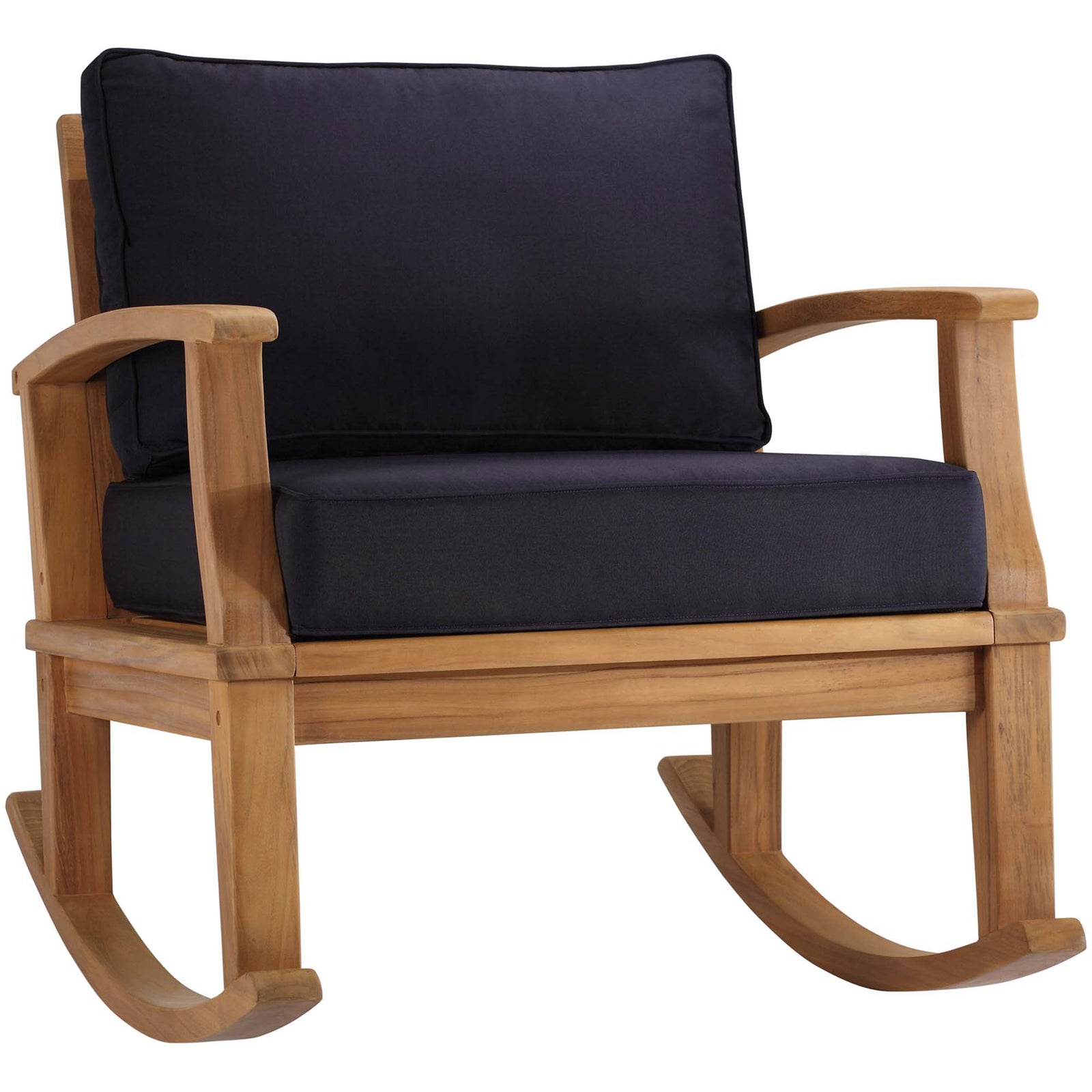 Solid teak outdoor rocking chair with deep navy cushions and sculpted arms showcasing the warm wood grain || EEI-4177-NAT-NAV || front_angle_studio