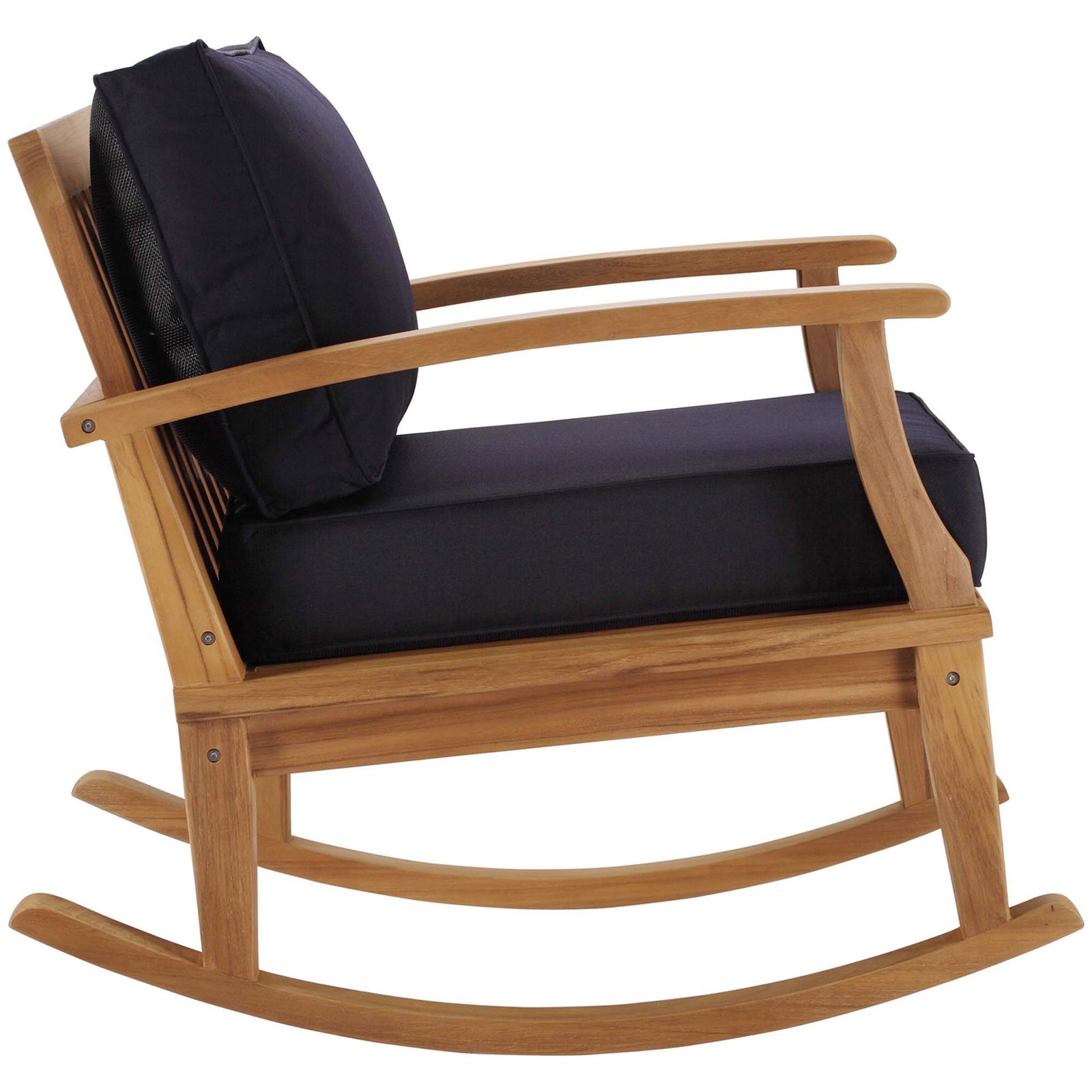 Side view of teak patio rocker featuring thick navy cushions and smooth curved runners for gentle motion || EEI-4177-NAT-NAV || side_studio
