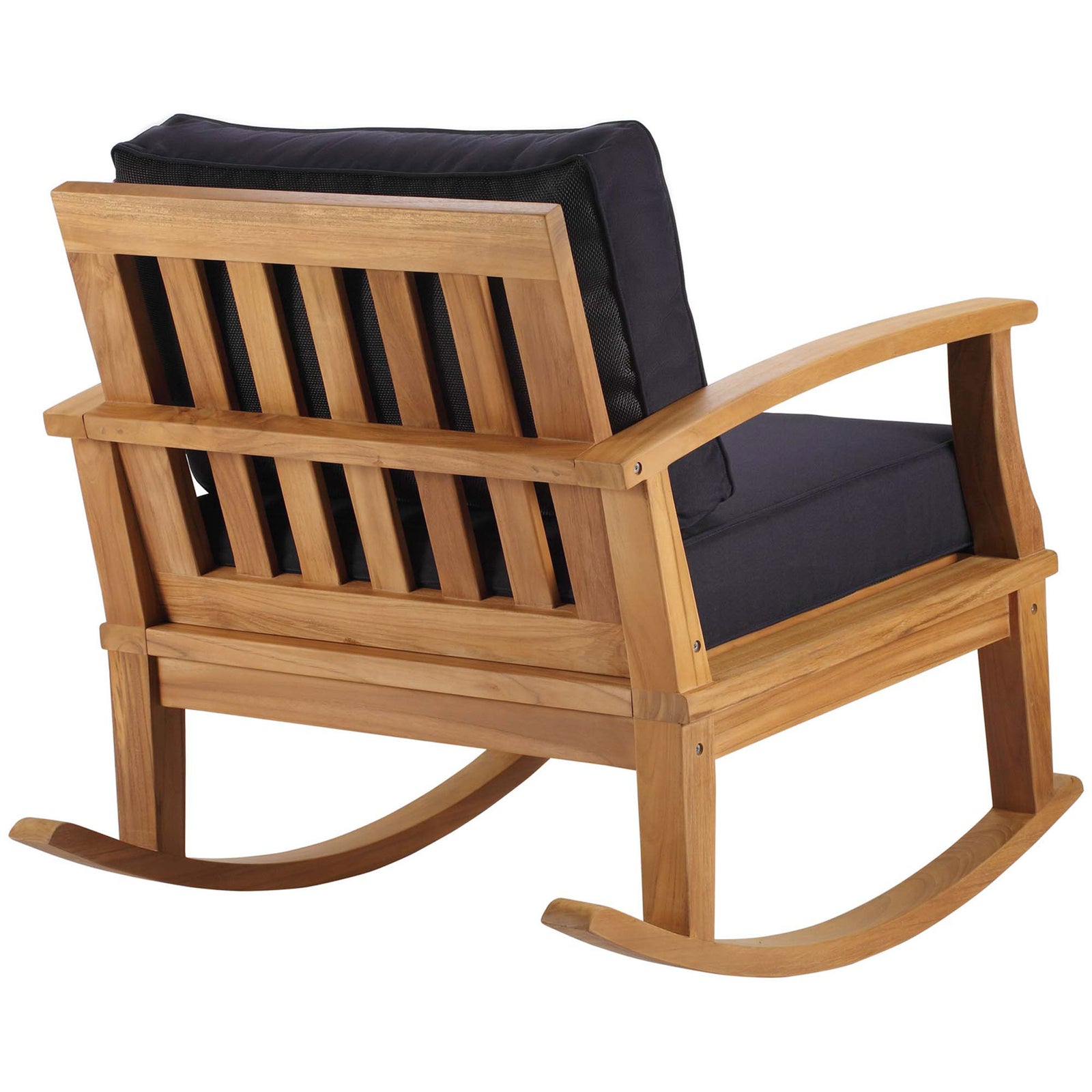 Teak outdoor rocking chair with slatted backrest and rich navy cushions for supportive relaxation || EEI-4177-NAT-NAV || back_angle_studio