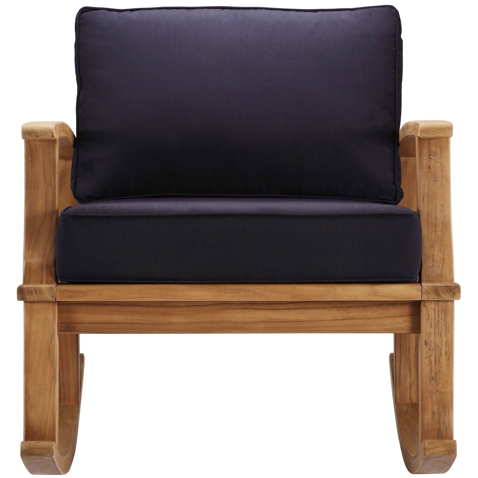Marina teak patio rocking chair with plush navy seat and back cushions for inviting outdoor comfort || EEI-4177-NAT-NAV || front_studio