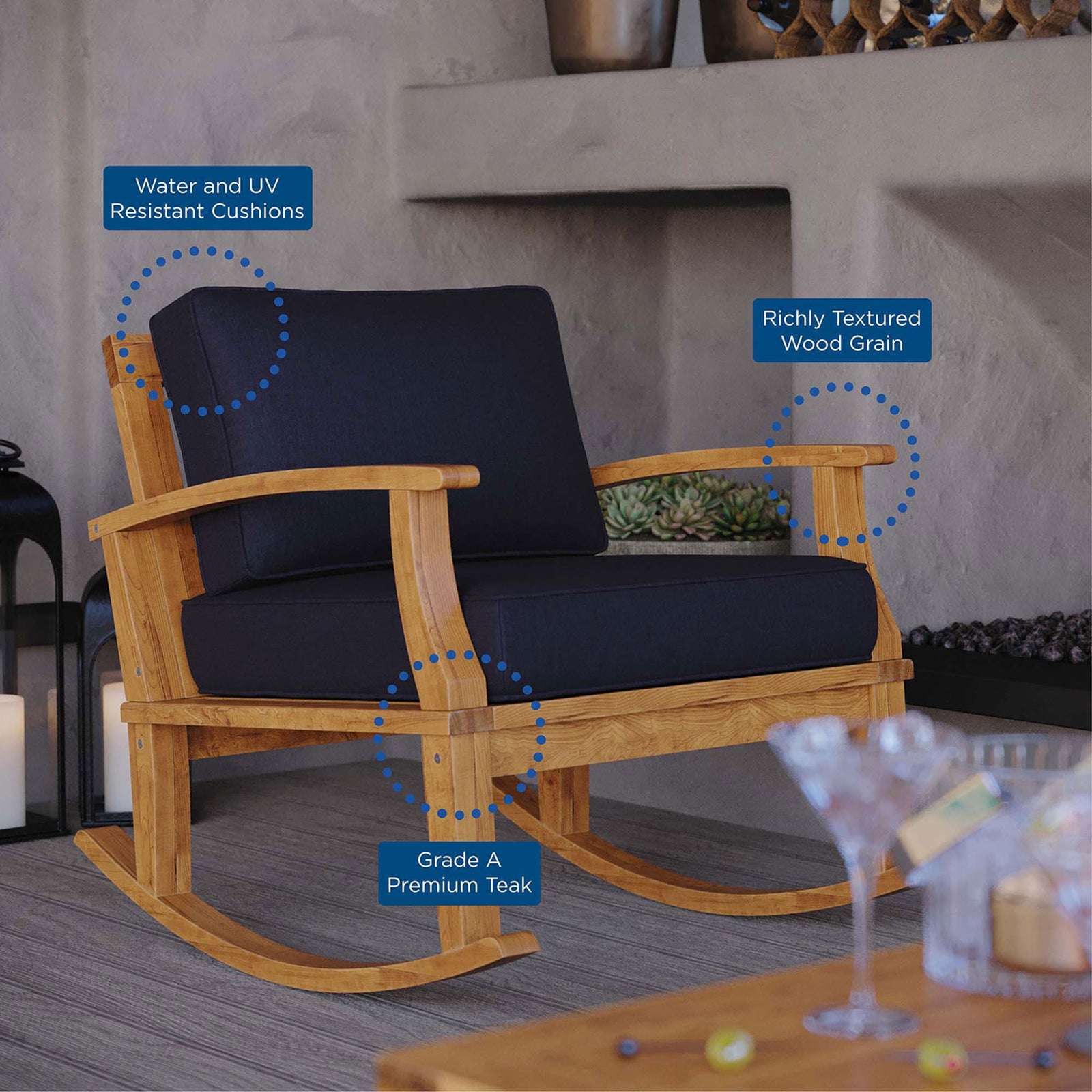 Lifestyle view of Marina teak rocker with navy cushions featuring water resistant fabric and premium wood grain || EEI-4177-NAT-NAV || callout_room