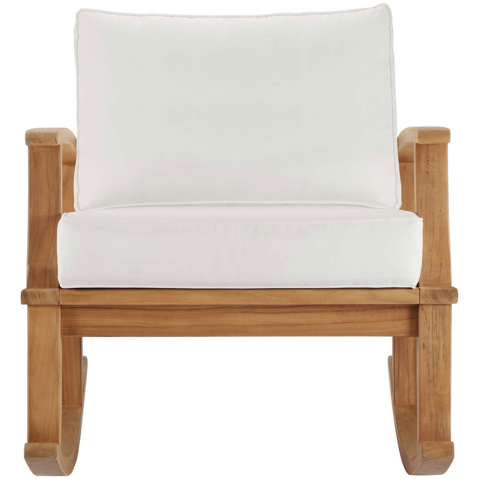 Marina teak patio rocking chair with plush white seat and back cushions for crisp, inviting style || EEI-4177-NAT-WHI || front_studio