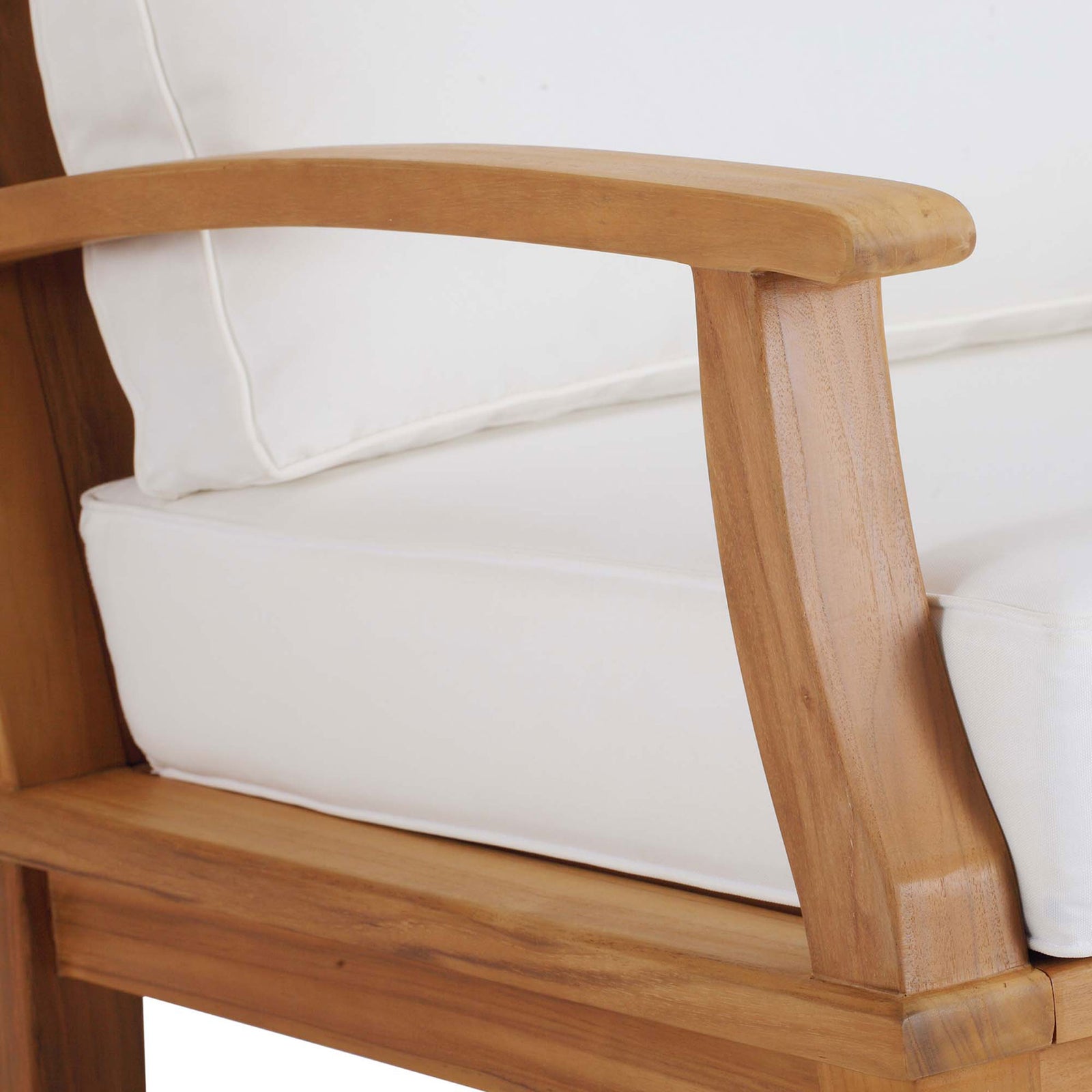 Close up of Marina rocking chair armrest showing smooth teak finish and tailored white upholstery || EEI-4177-NAT-WHI || detail_studio