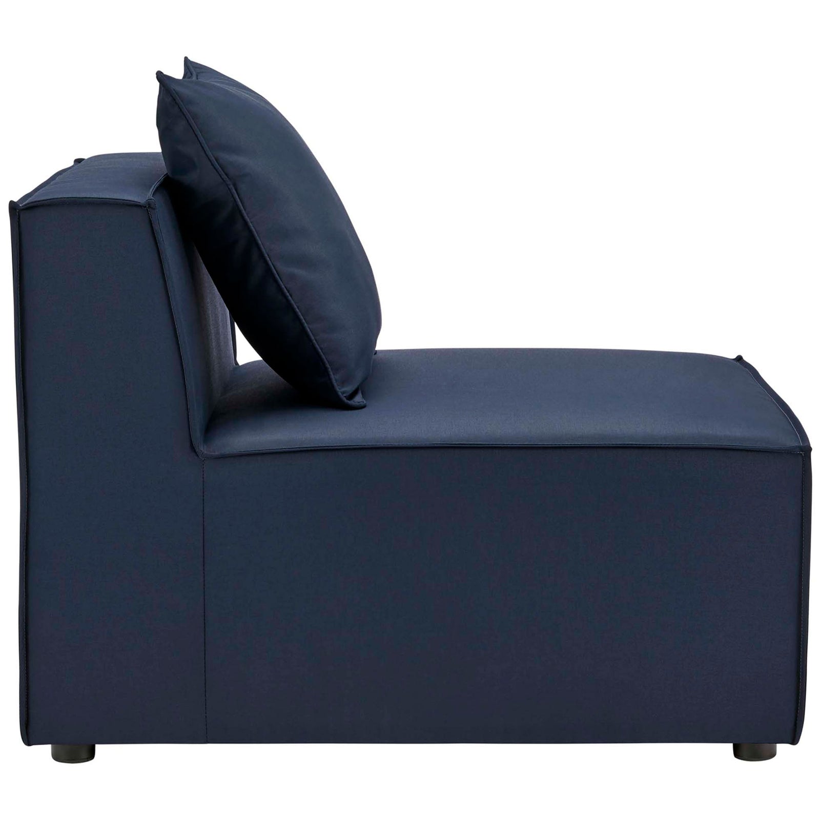 Navy outdoor armless chair with deep foam seat and supportive low backrest || EEI-4209-NAV || side_studio