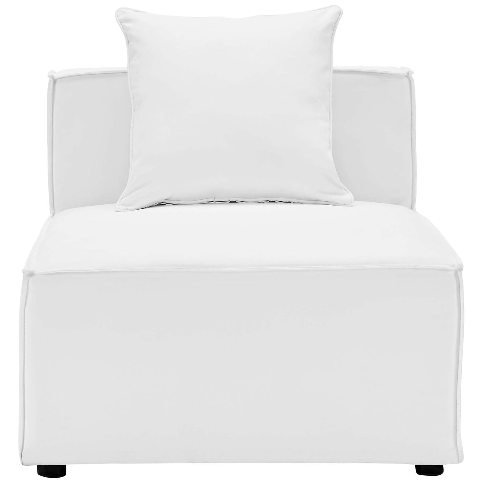 White outdoor armless sectional chair with wide plush seat and matching back pillow || EEI-4209-WHI || front_studio