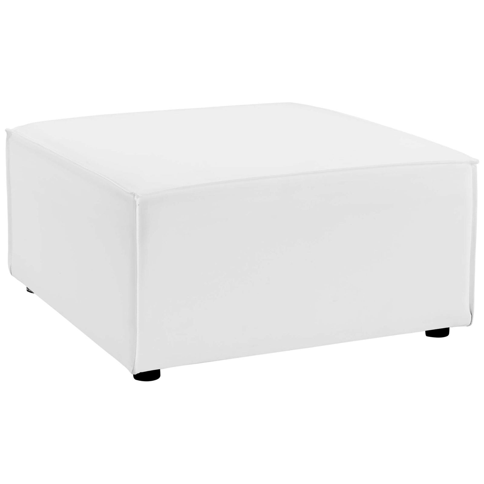White upholstered patio ottoman featuring plush cushioning and subtle French piping detail || EEI-4211-WHI || front_angle_studio