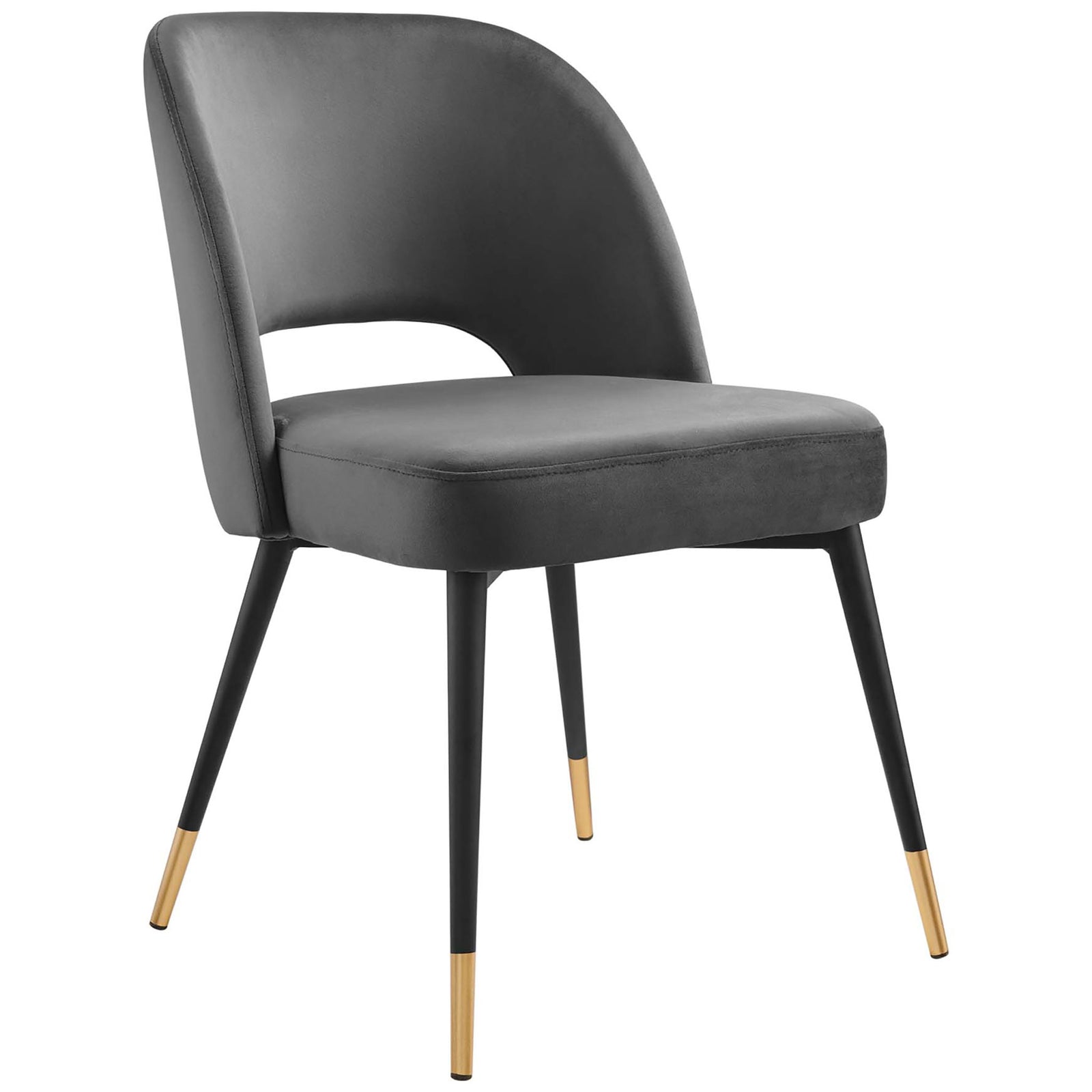 Plush charcoal velvet side chair with open back cutout and slim gold-capped legs. || EEI-4212-CHA || front_angle_studio