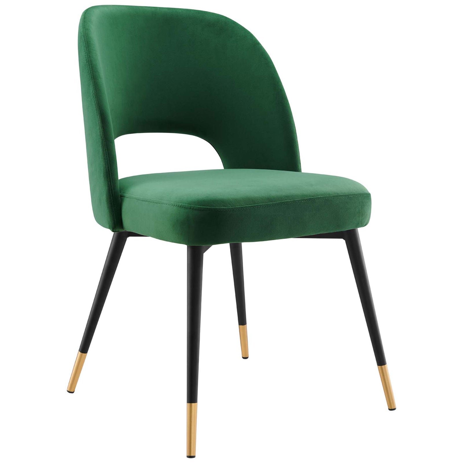 Elegant emerald performance velvet chair with rounded silhouette and gold-tipped black legs. || EEI-4212-EME || front_angle_studio