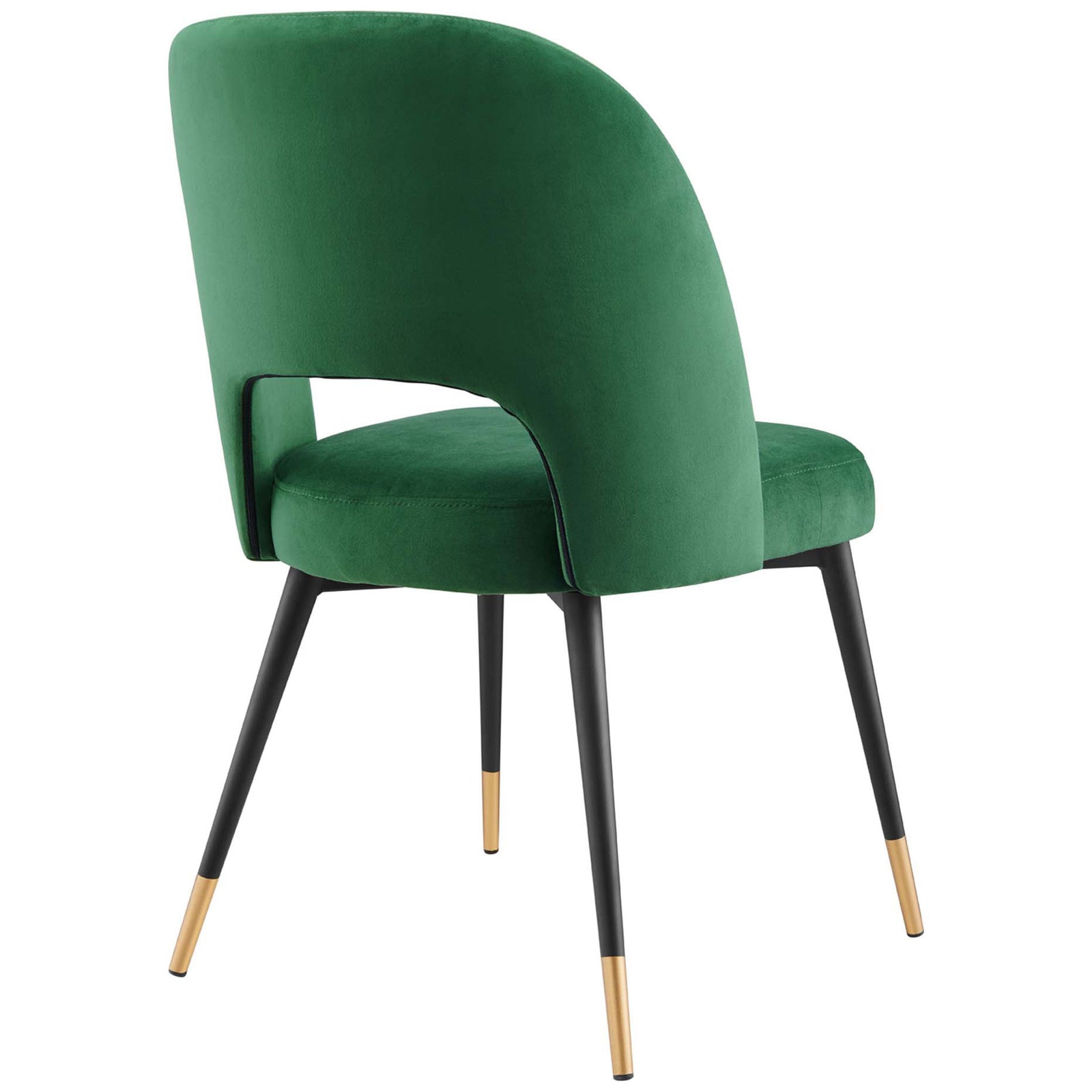 Emerald velvet dining chair showcasing sculpted curved backrest and stylish cutout detail. || EEI-4212-EME || back_angle_studio