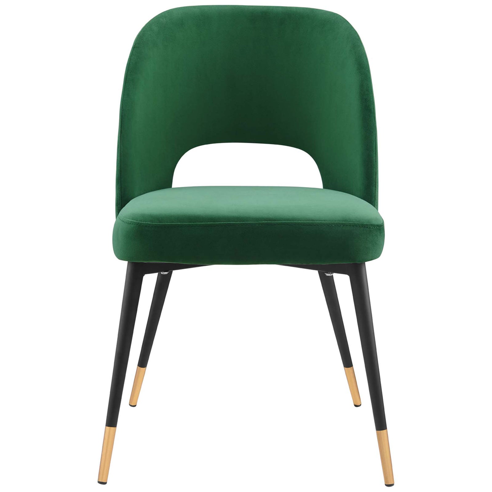Emerald velvet dining chair with curved open back and black legs capped in warm brass tones. || EEI-4212-EME || front_studio
