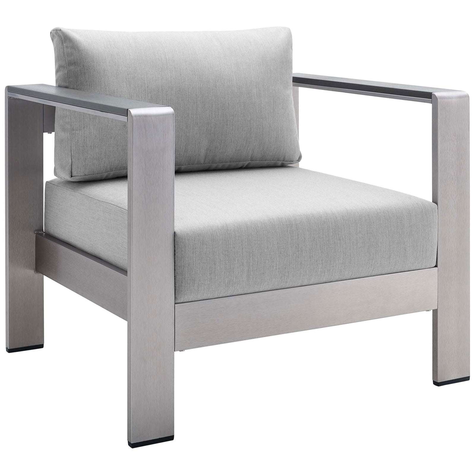 Modern silver armchair with wide arms and thick Sunbrella(r) cushions for all-weather comfort || EEI-4225-SLV-GRY || front_angle_studio