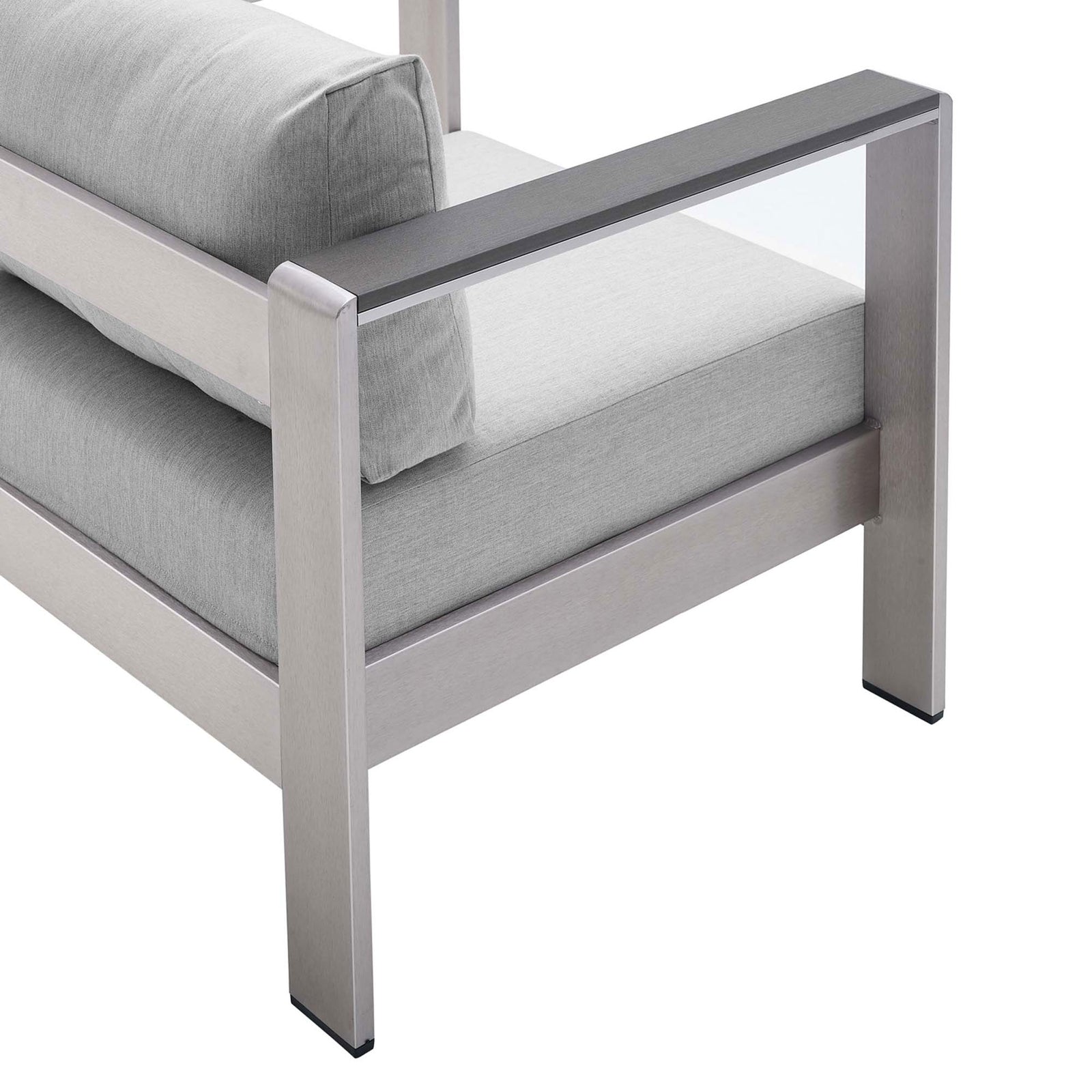 Tailored gray cushion and sleek arm inset detail add refinement to the Shore outdoor armchair || EEI-4225-SLV-GRY || detail_studio