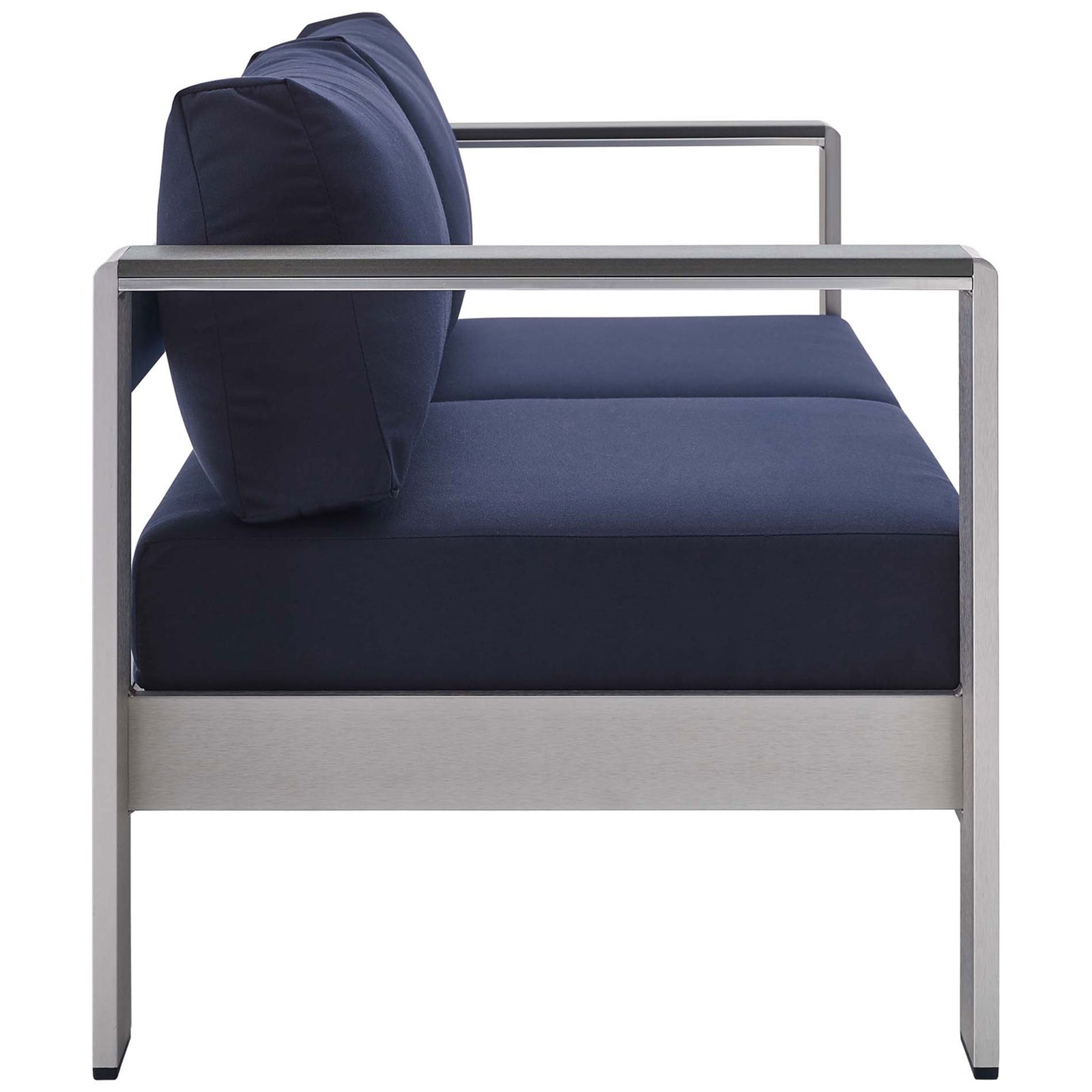 Side profile of modern aluminum loveseat highlighting slim armrests and deep navy cushions || EEI-4226-SLV-NAV || side_studio