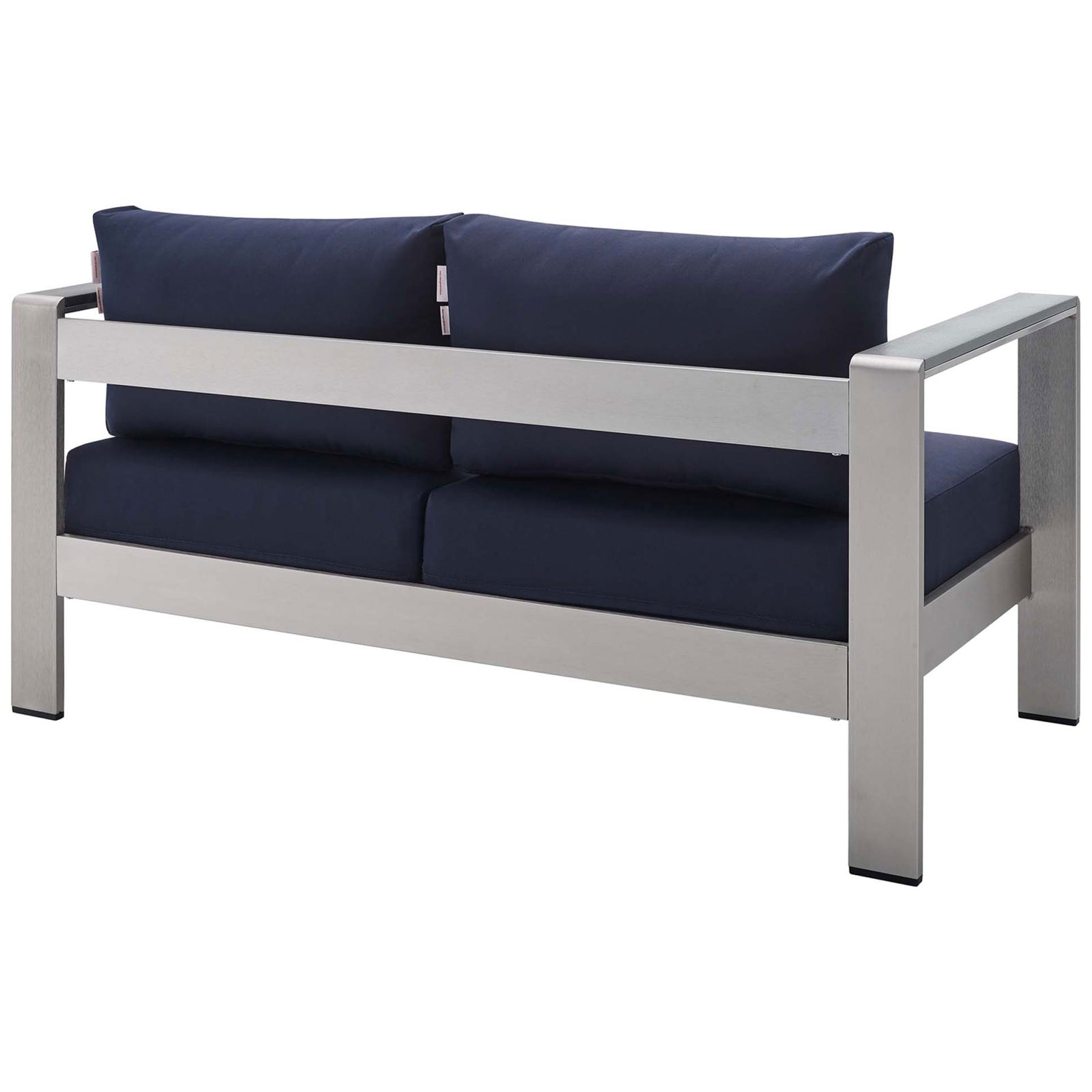 Back view of streamlined aluminum loveseat with supportive navy cushions and sleek frame || EEI-4226-SLV-NAV || back_angle_studio