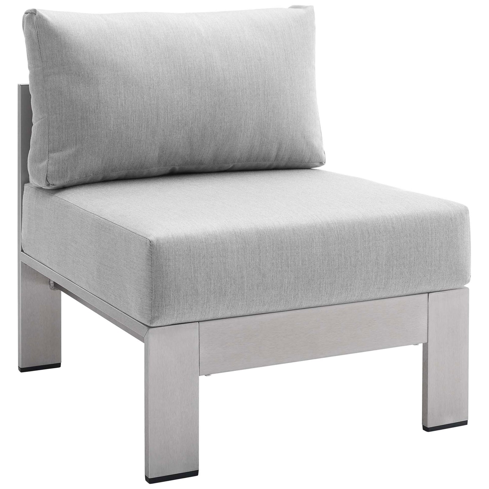 Silver gray Sunbrella(r) armless chair with thick cushions for modern modular outdoor seating || EEI-4227-SLV-GRY || front_angle_studio