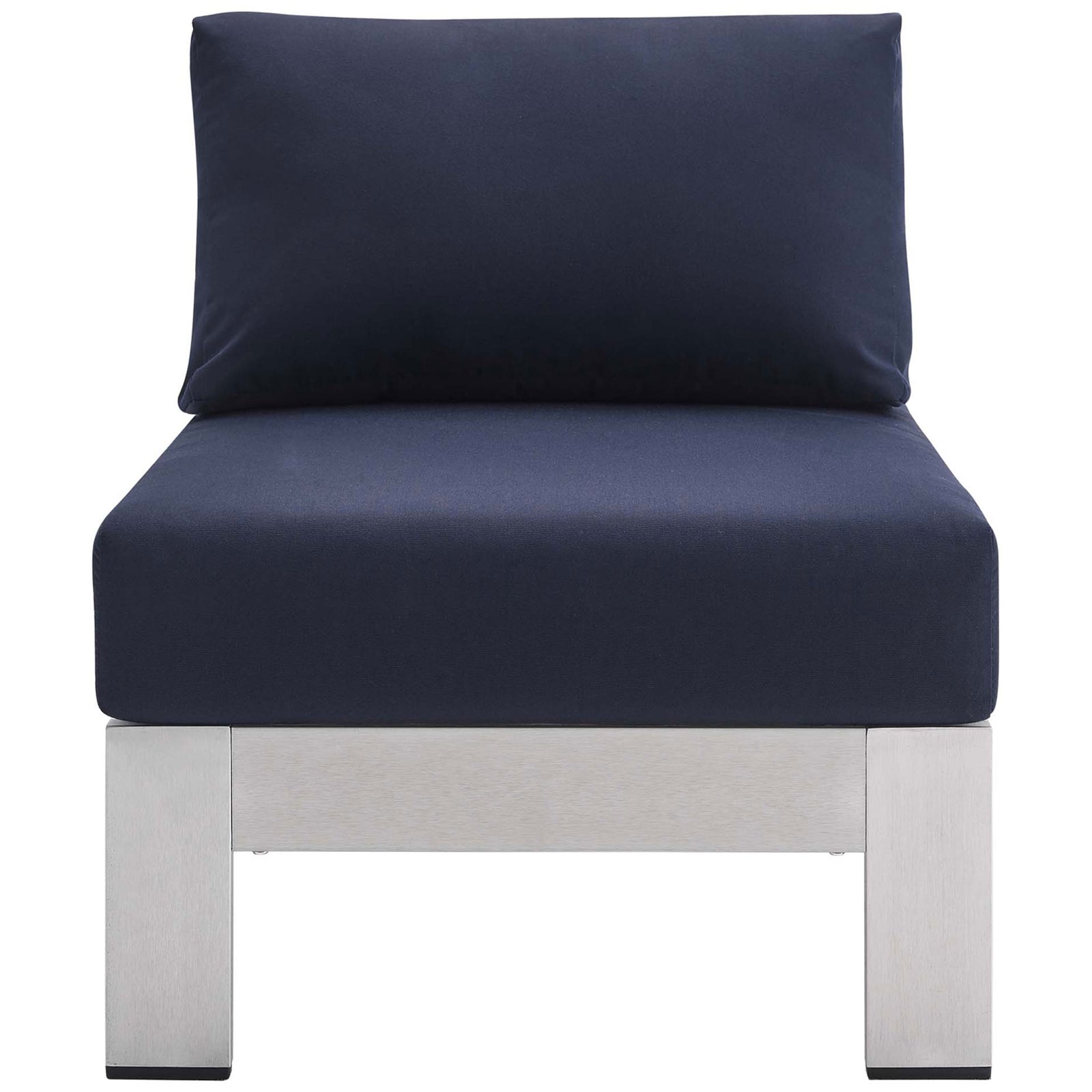Shore Sunbrella(r) armless chair features a wide navy seat in a crisp, modern profile || EEI-4227-SLV-NAV || front_studio
