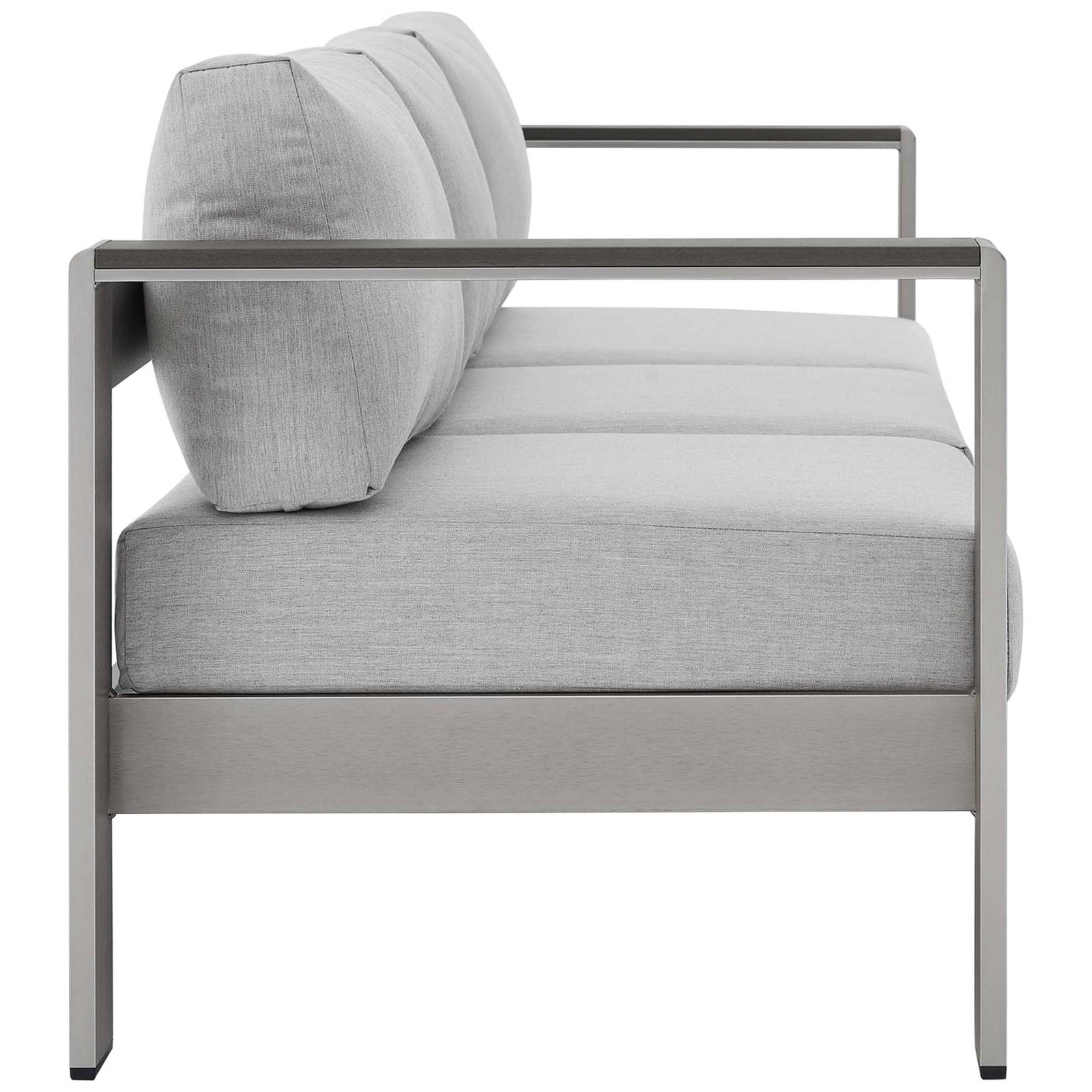 Streamlined design showcases thick gray cushions supported by a sturdy brushed aluminum base || EEI-4228-SLV-GRY || side_studio