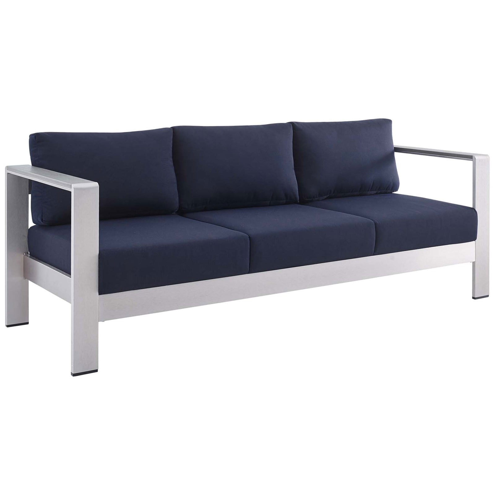 Modern outdoor sofa features deep navy cushions and bold square aluminum arms || EEI-4228-SLV-NAV || front_angle_studio
