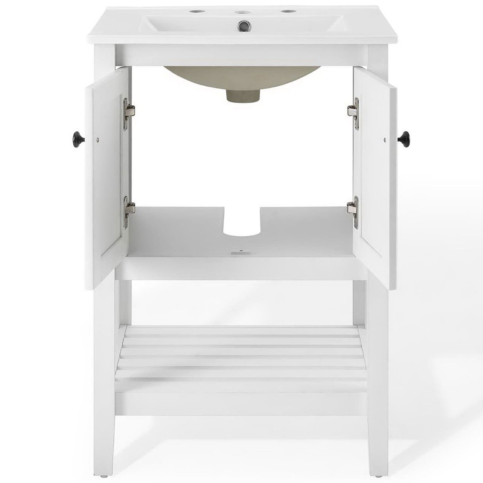 Spacious interior storage with soft-close doors and an open slatted shelf below || EEI-4246-WHI-WHI || front_open_studio